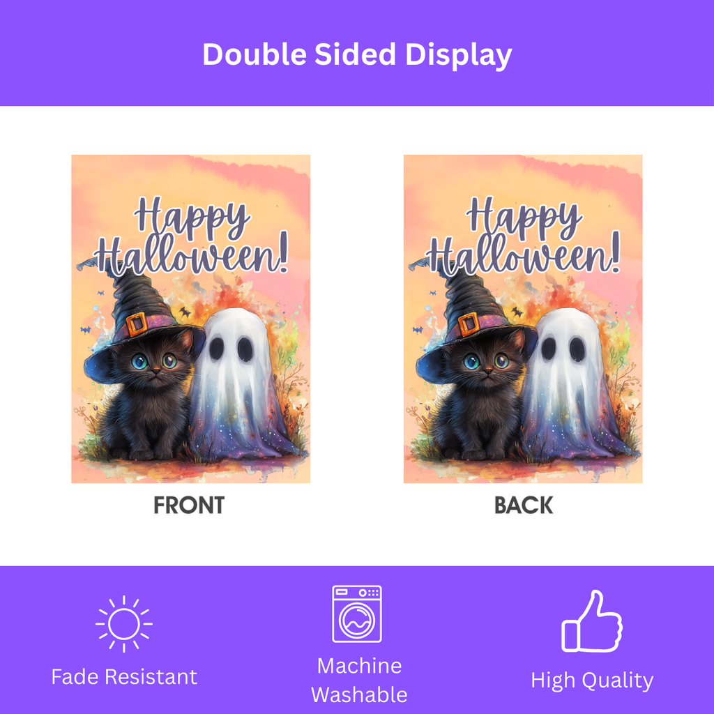 Ghost and Black Kitten Halloween Garden Flag - double-sided design - Dragonfire Gardens