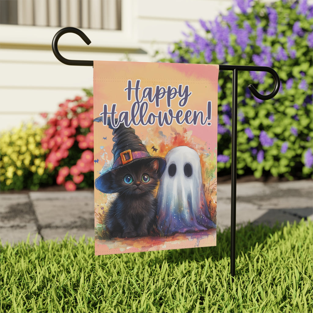 Ghost and Black Kitten Halloween Garden Flag - outdoor display - Dragonfire Gardens
