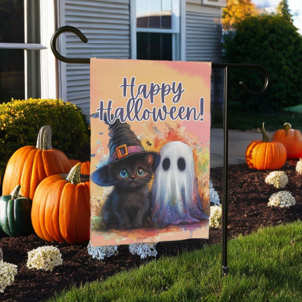 Ghost and Black Kitten Halloween Garden Flag - size comparison - Dragonfire Gardens