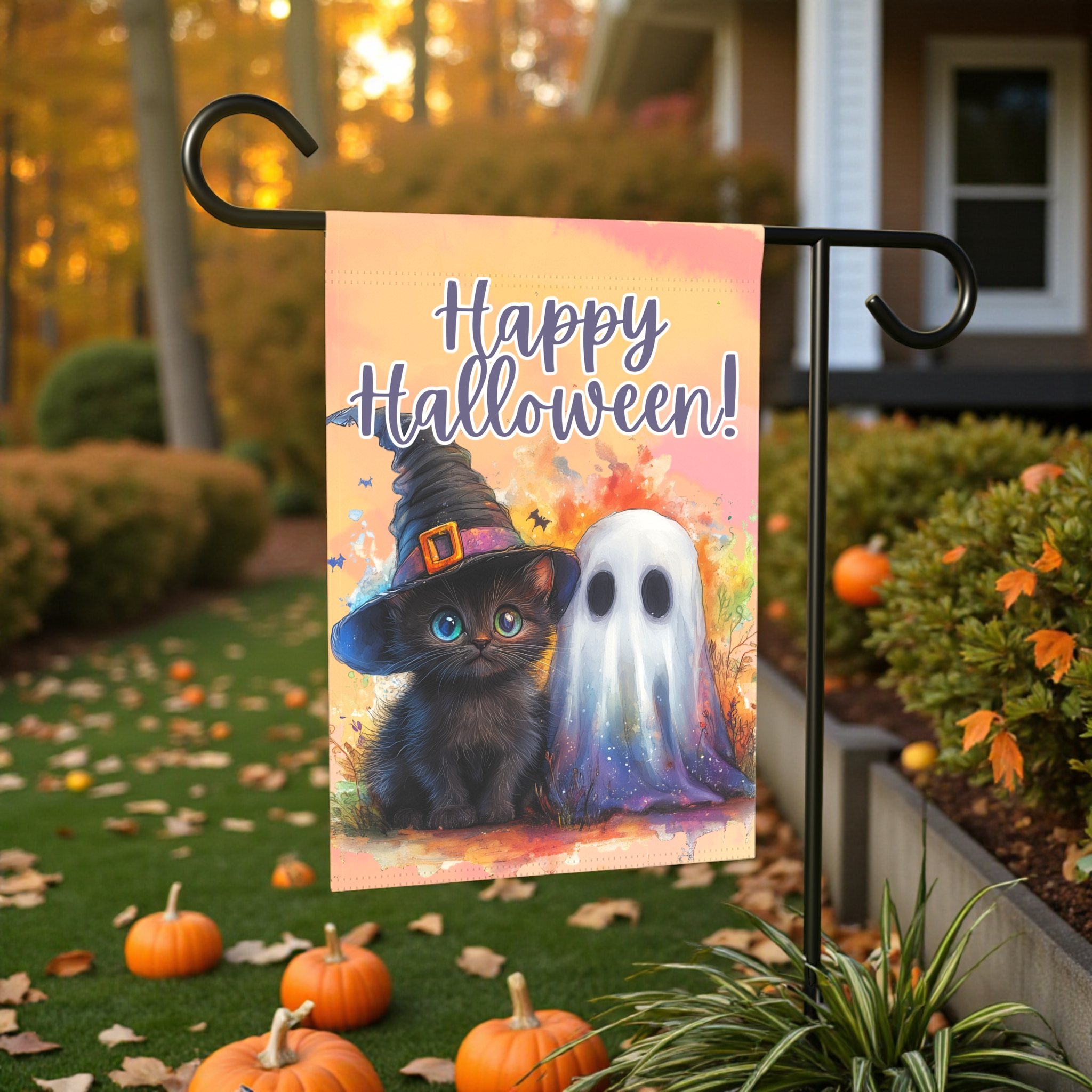 Ghost and Black Kitten Halloween Garden Flag - lifestyle display - Dragonfire Gardens