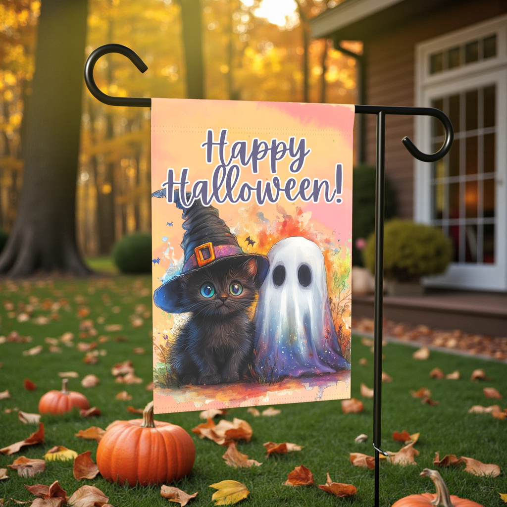 Ghost and Black Kitten Halloween Garden Flag - front view - Dragonfire Gardens