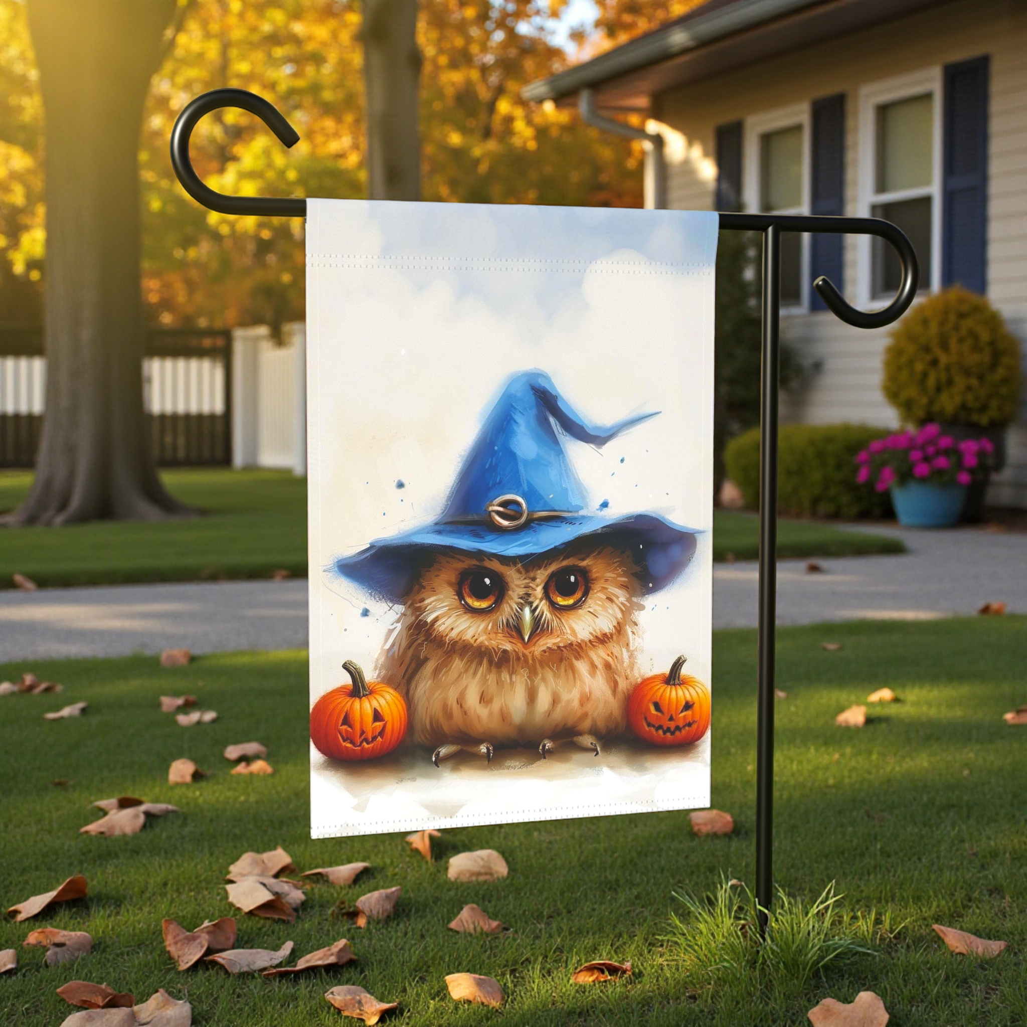 Blue Witch Hat Owl Garden Flag