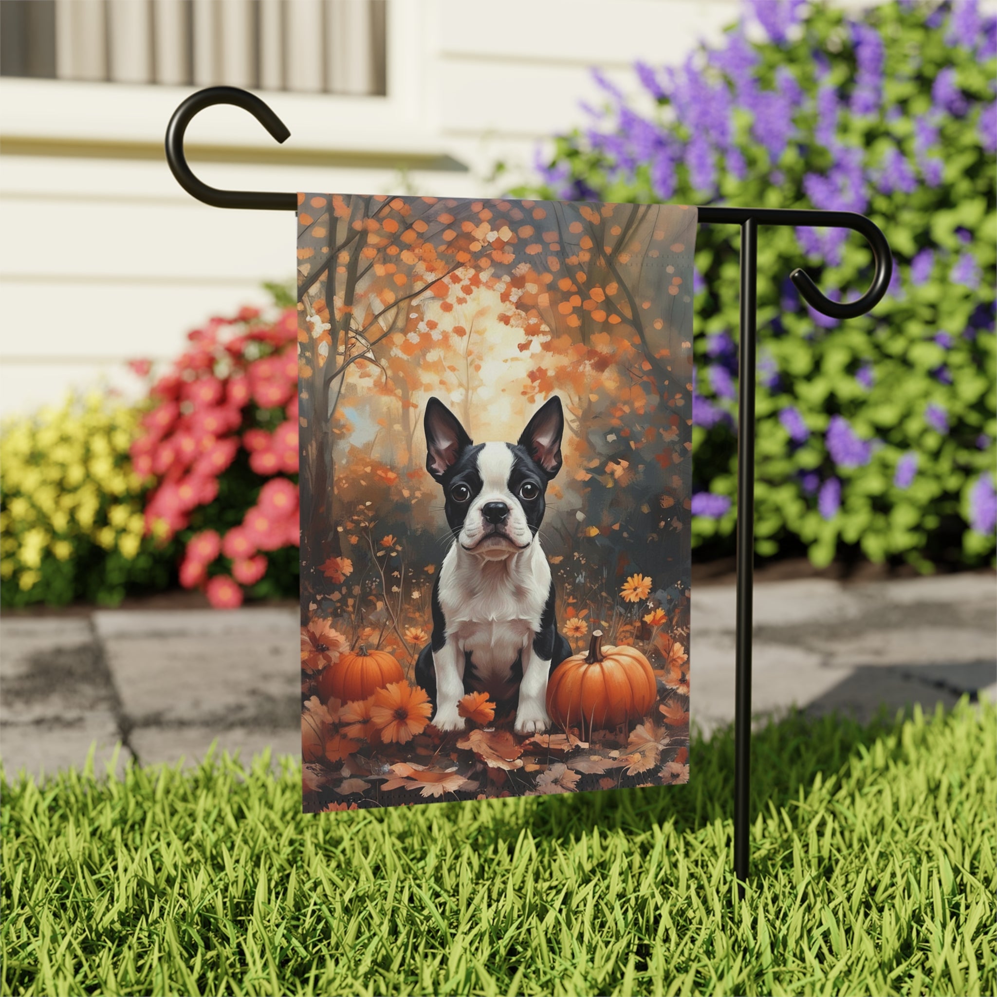 Fall Boston Terrier and Pumpkin Garden Flag