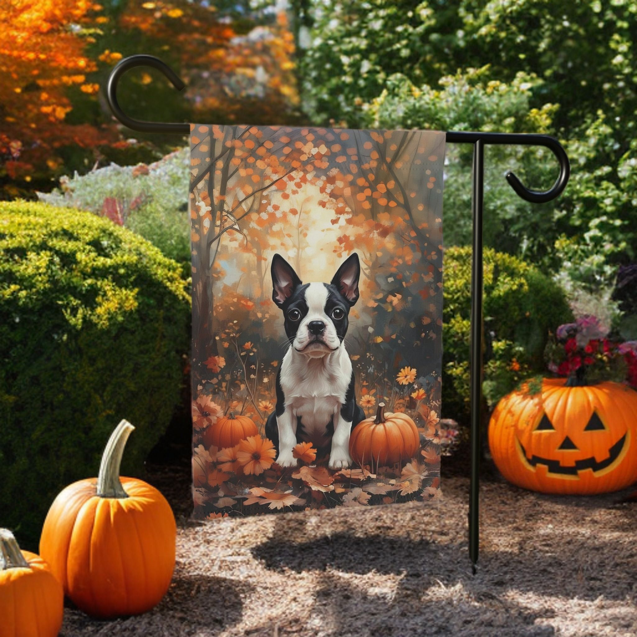 Fall Boston Terrier and Pumpkin Garden Flag