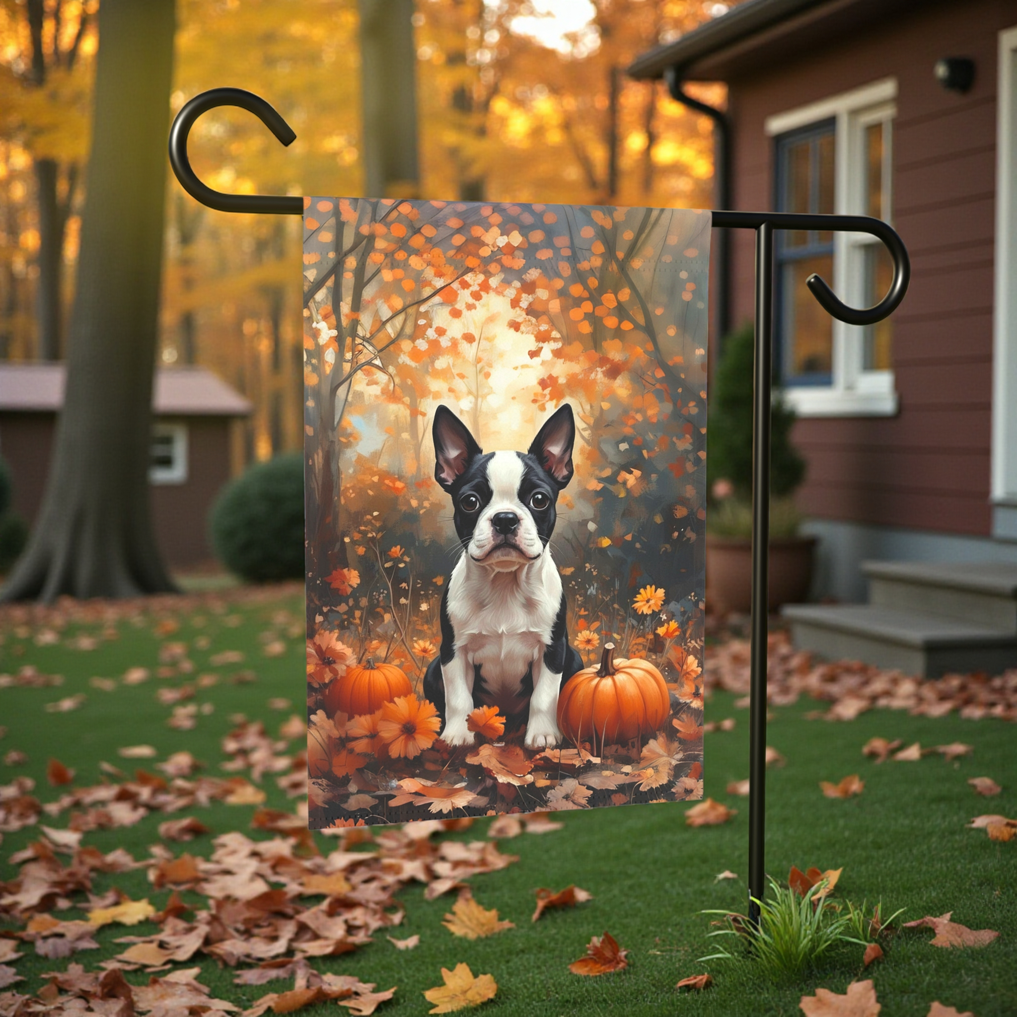 Fall Boston Terrier and Pumpkin Garden Flag