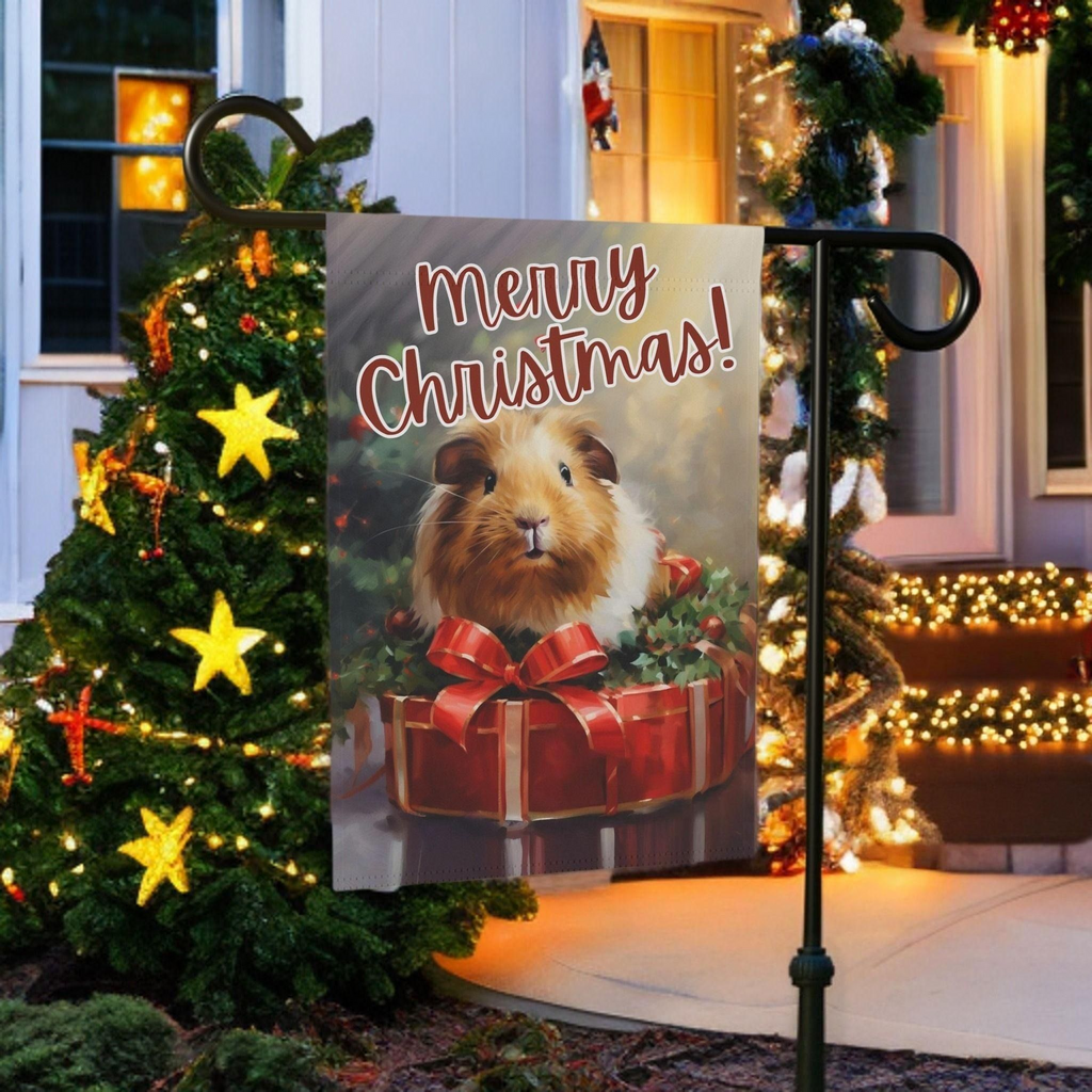 Merry Christmas Guinea Pig Garden Flag - size comparison - Dragonfire Gardens