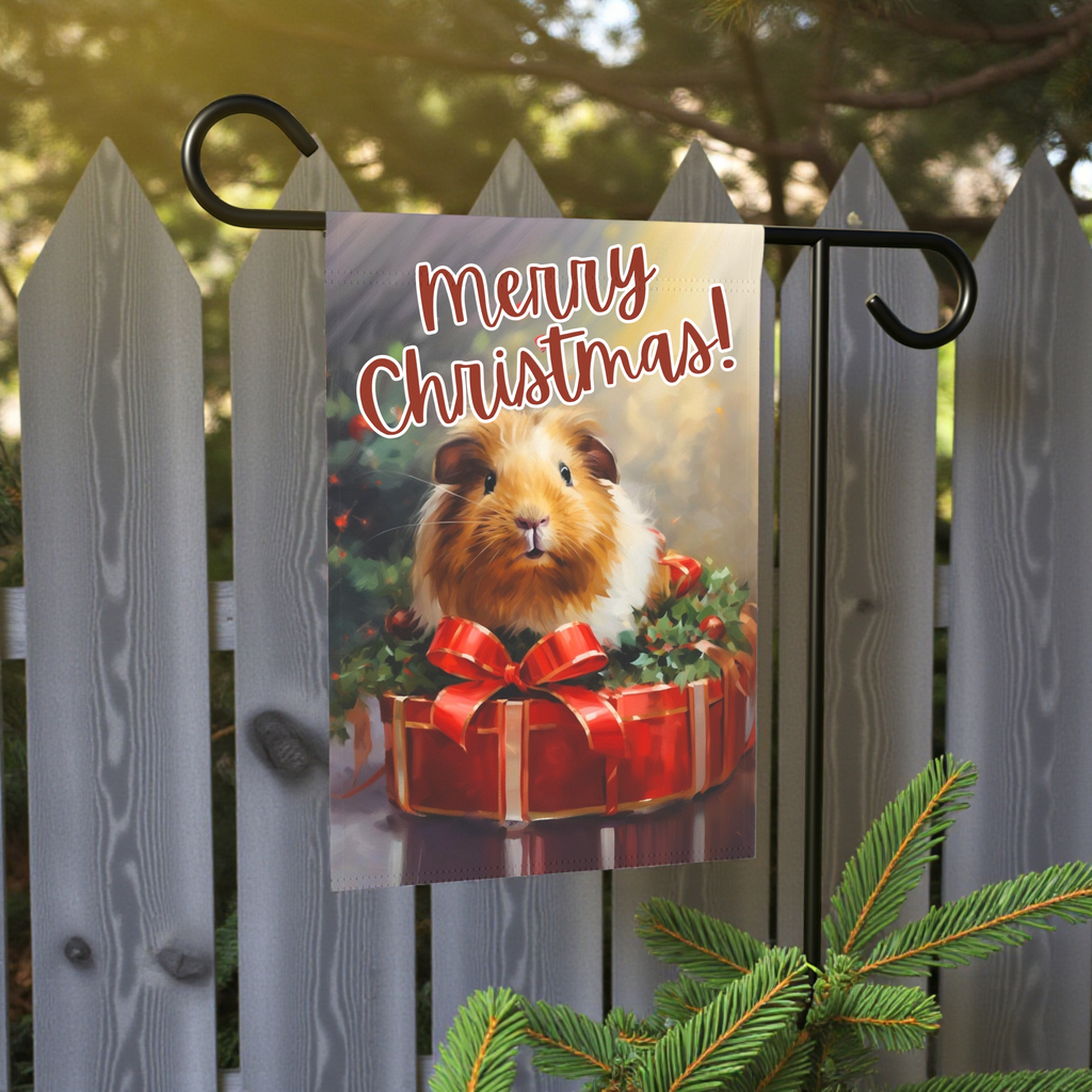 Merry Christmas Guinea Pig Garden Flag - lifestyle display - Dragonfire Gardens