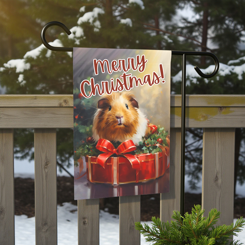 Merry Christmas Guinea Pig Garden Flag - front view - Dragonfire Gardens