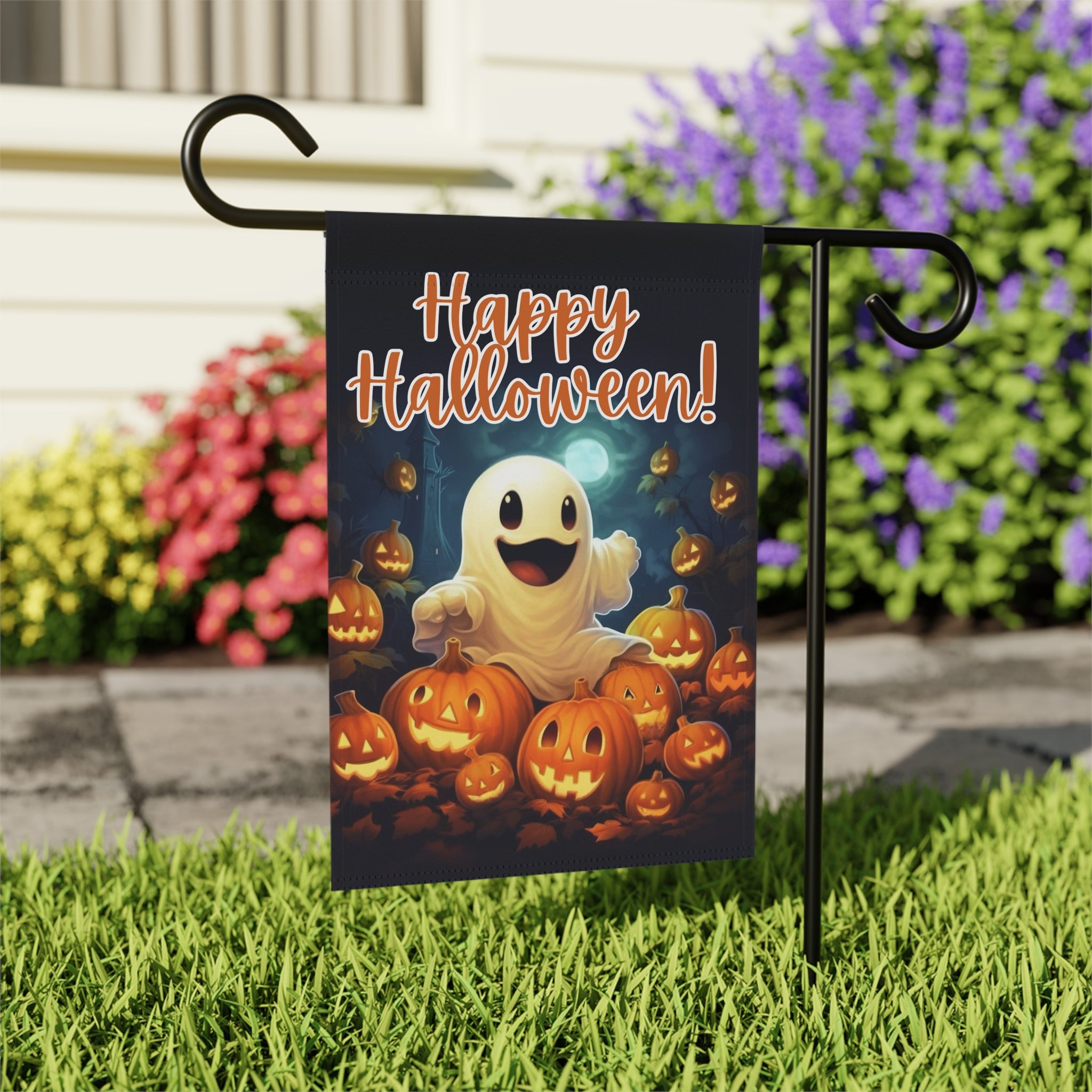 White Ghost and Jack-o-lanterns Garden Flag