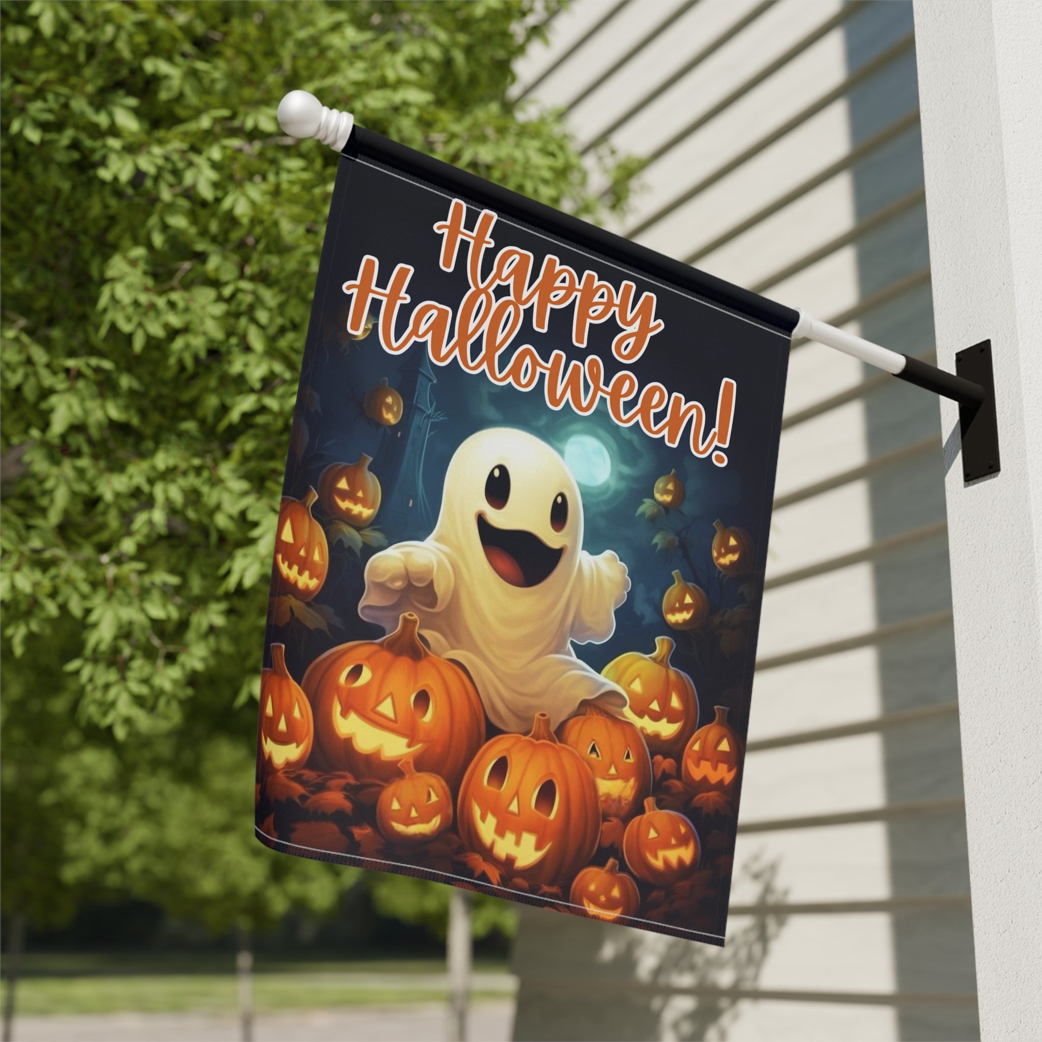 White Ghost and Jack-o-lanterns Garden Flag
