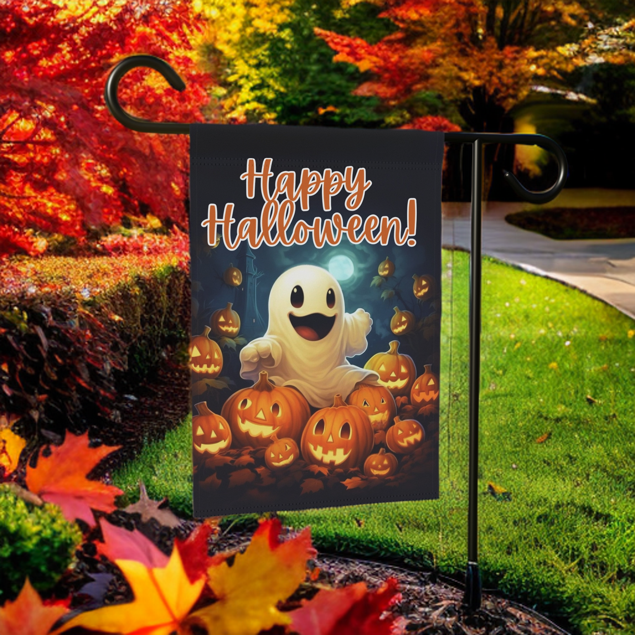 White Ghost and Jack-o-lanterns Garden Flag