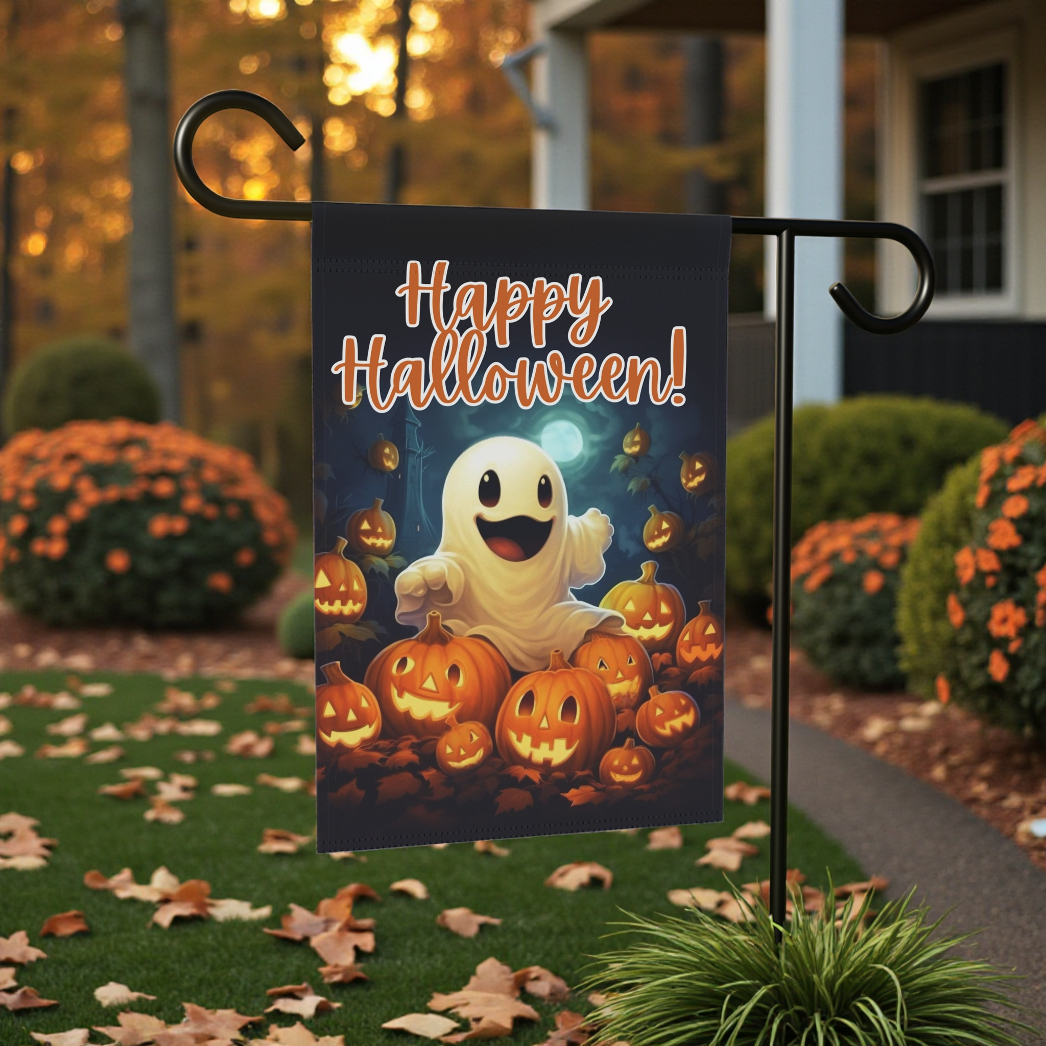 White Ghost and Jack-o-lanterns Garden Flag