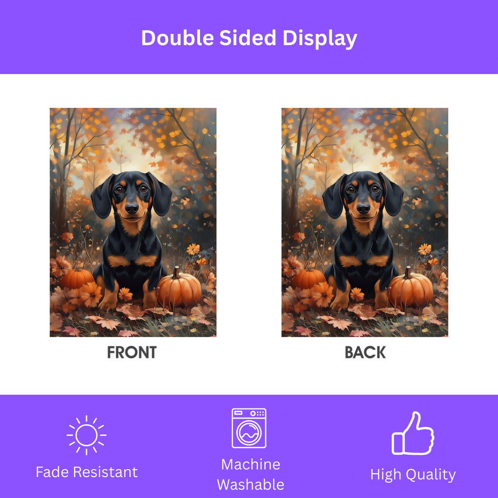 Autumn Dachshund and Pumpkin Garden Flag - double-sided design - Dragonfire Gardens