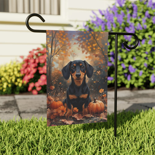 Autumn Dachshund and Pumpkin Garden Flag - outdoor display - Dragonfire Gardens