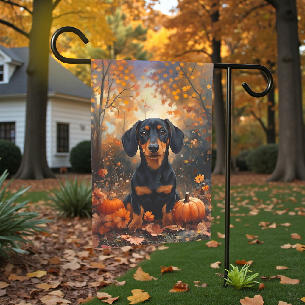 Autumn Dachshund and Pumpkin Garden Flag - size comparison - Dragonfire Gardens