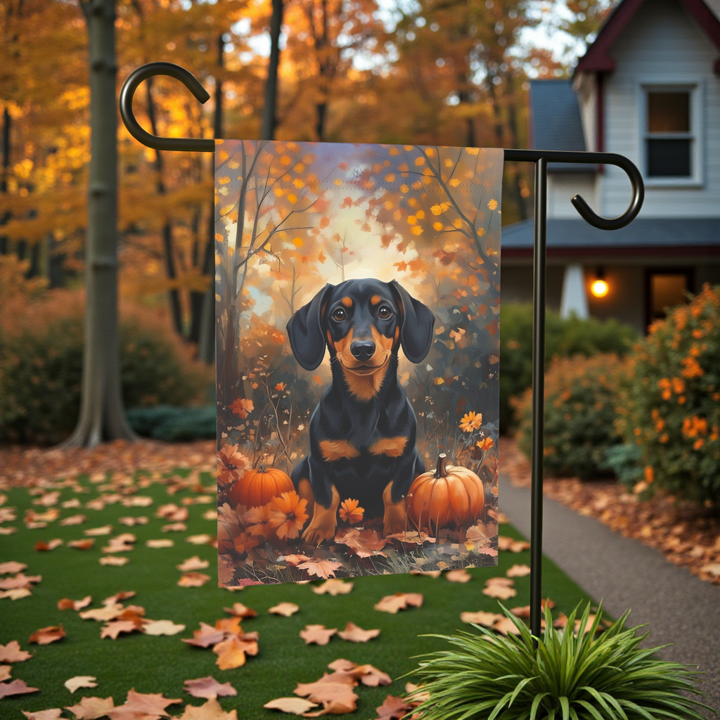Autumn Dachshund and Pumpkin Garden Flag - front view - Dragonfire Gardens