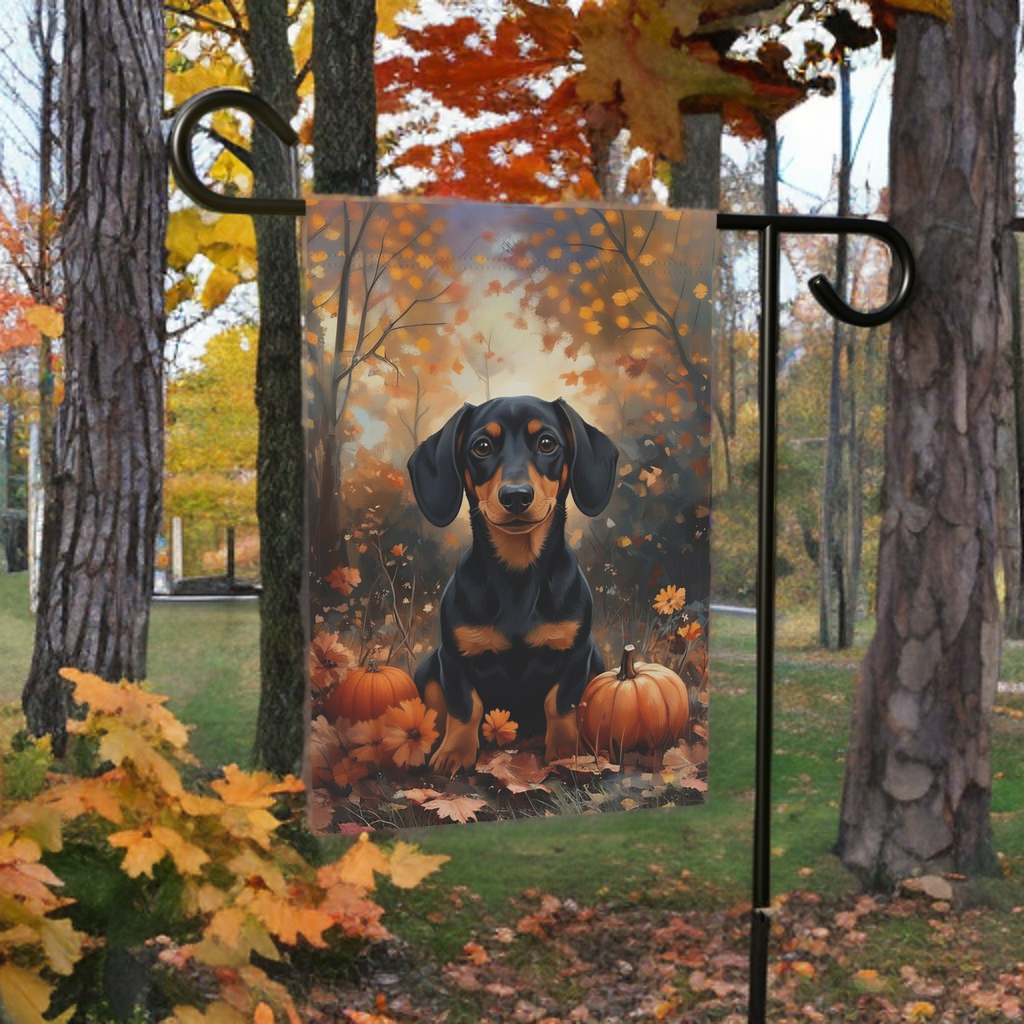 Autumn Dachshund and Pumpkin Garden Flag - lifestyle display - Dragonfire Gardens