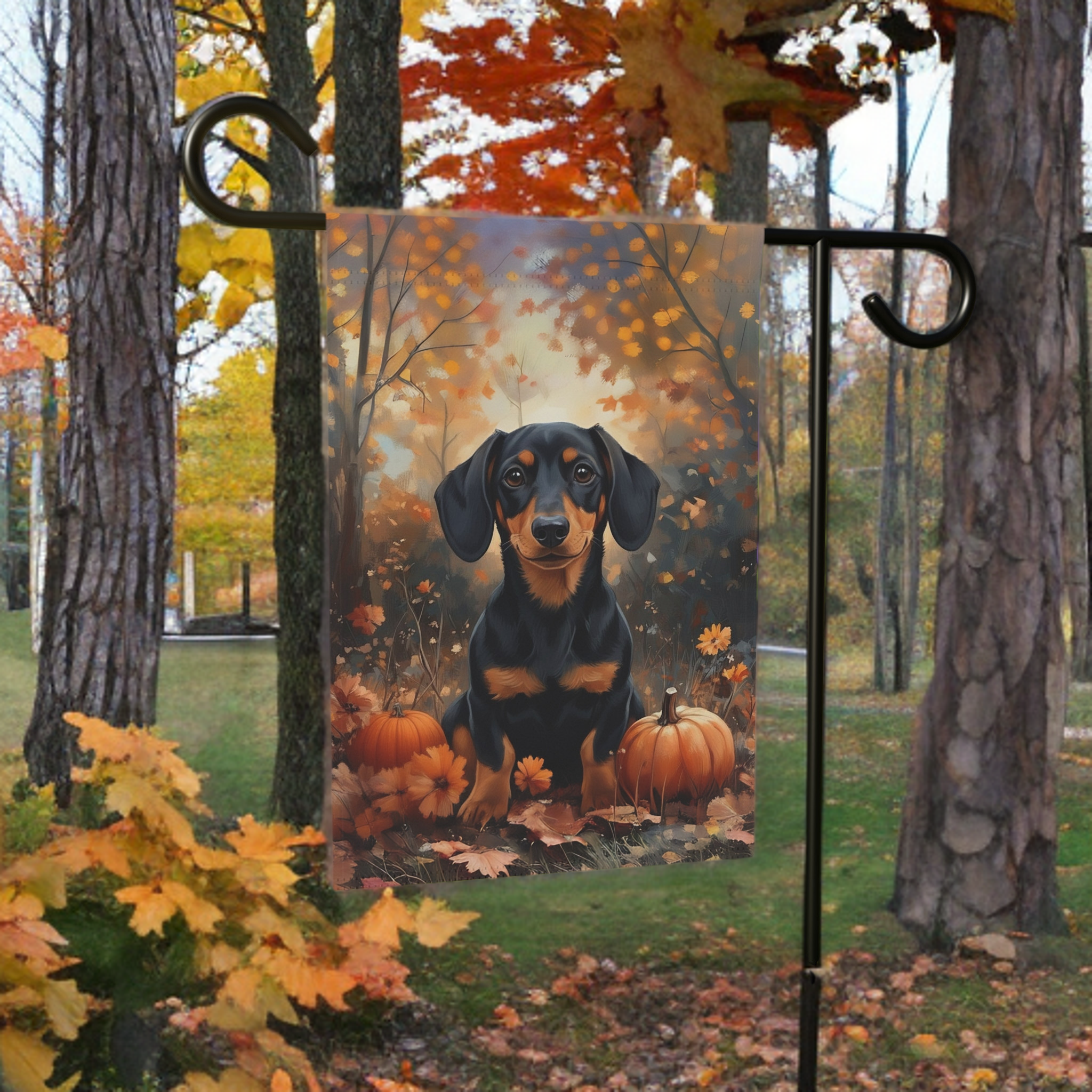 Autumn Dachshund and Pumpkin Garden Flag - lifestyle display - Dragonfire Gardens