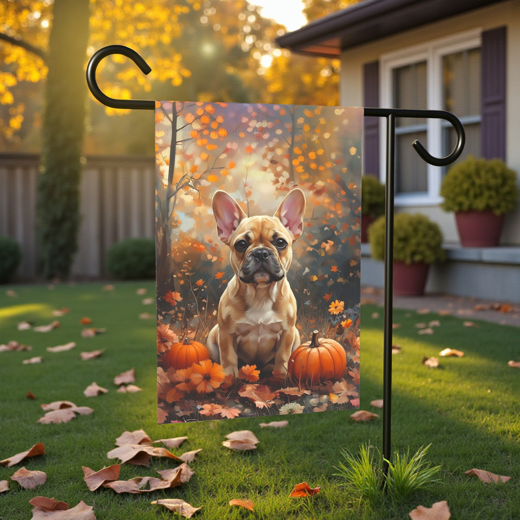 Fall French Bulldog Garden Flag - size comparison - Dragonfire Gardens