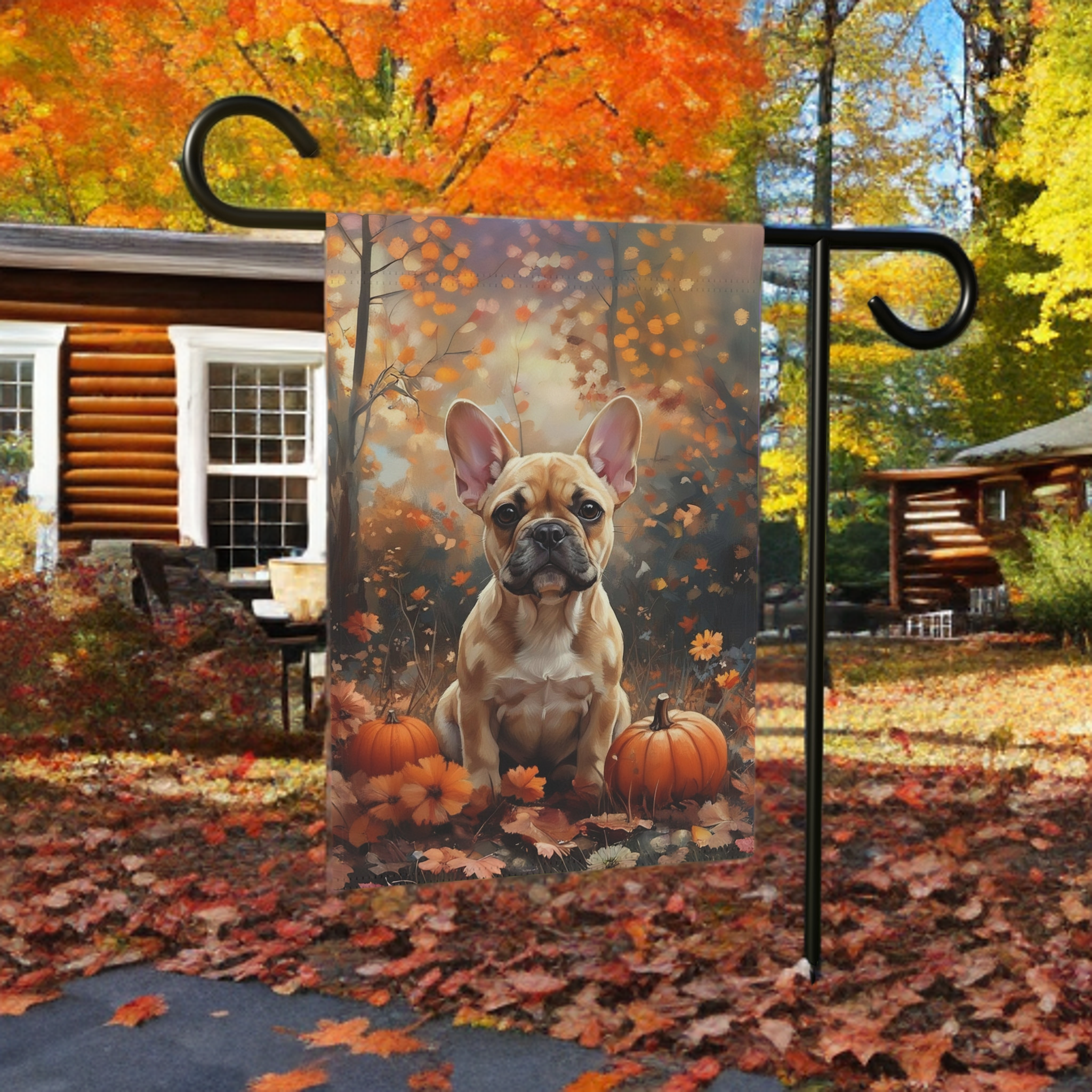 Fall French Bulldog Garden Flag - lifestyle display - Dragonfire Gardens