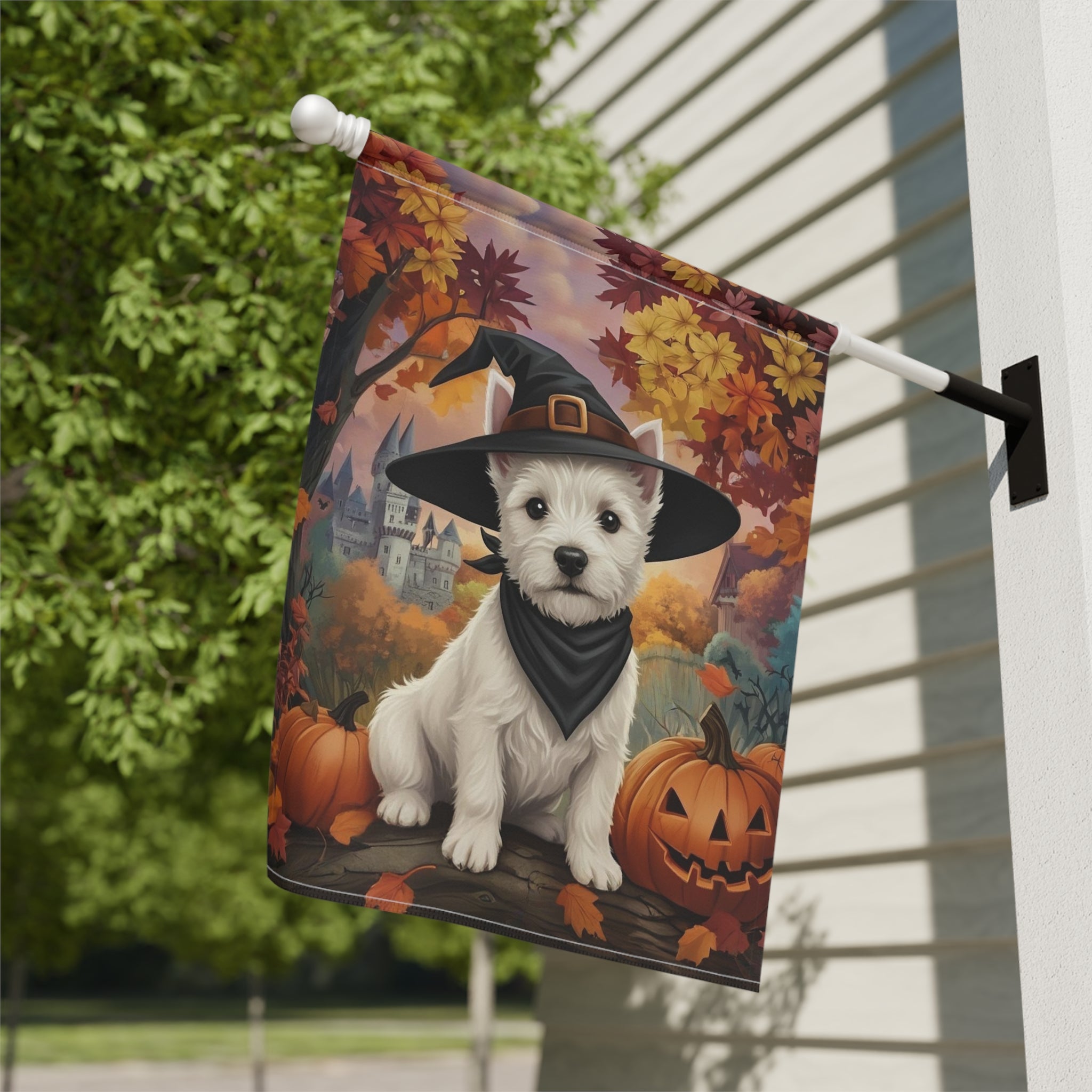 Witch Hat Westie Halloween Garden Flag - close-up detail - Dragonfire Gardens