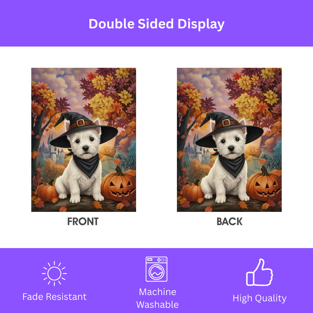 Witch Hat Westie Halloween Garden Flag - double-sided design - Dragonfire Gardens