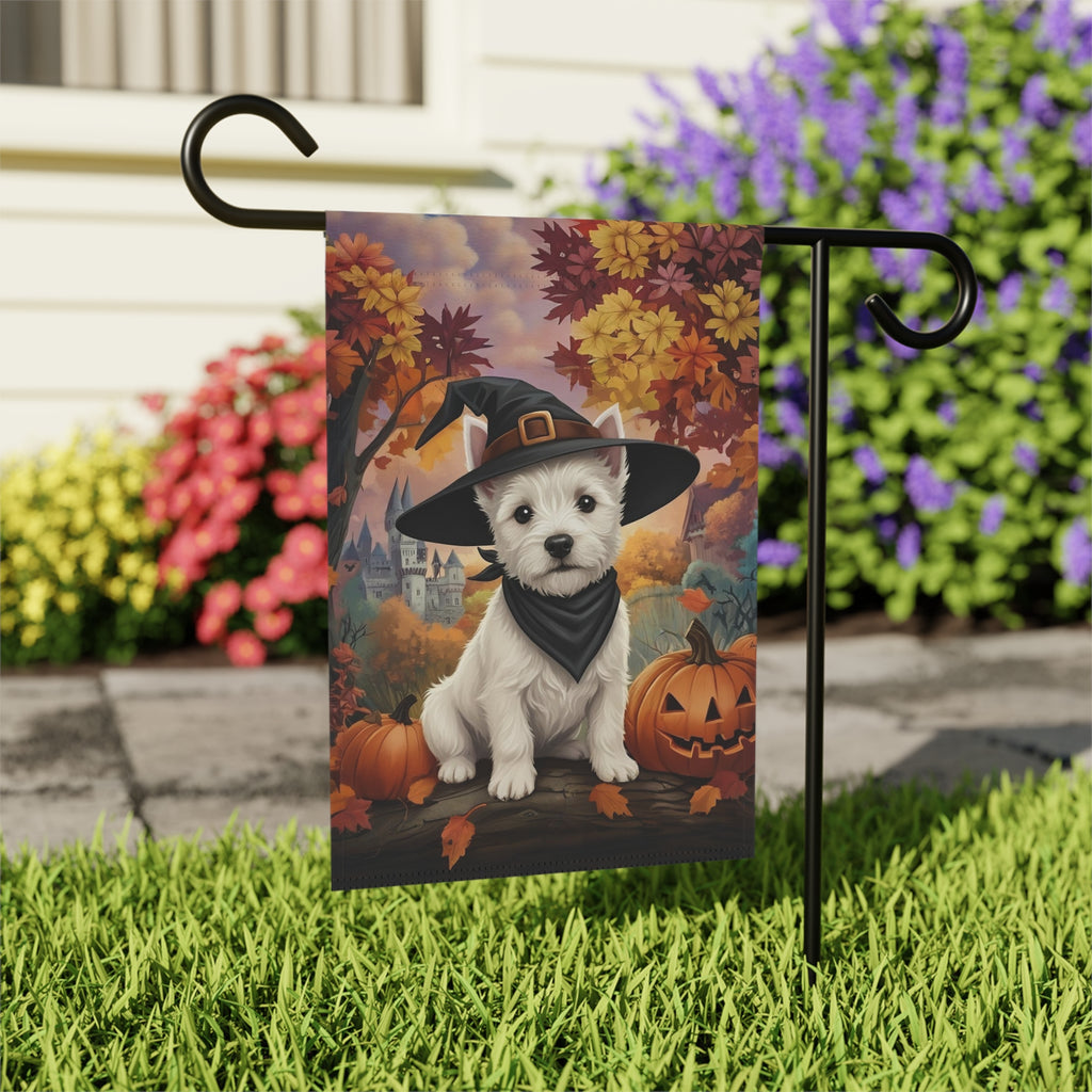 Witch Hat Westie Halloween Garden Flag - outdoor display - Dragonfire Gardens