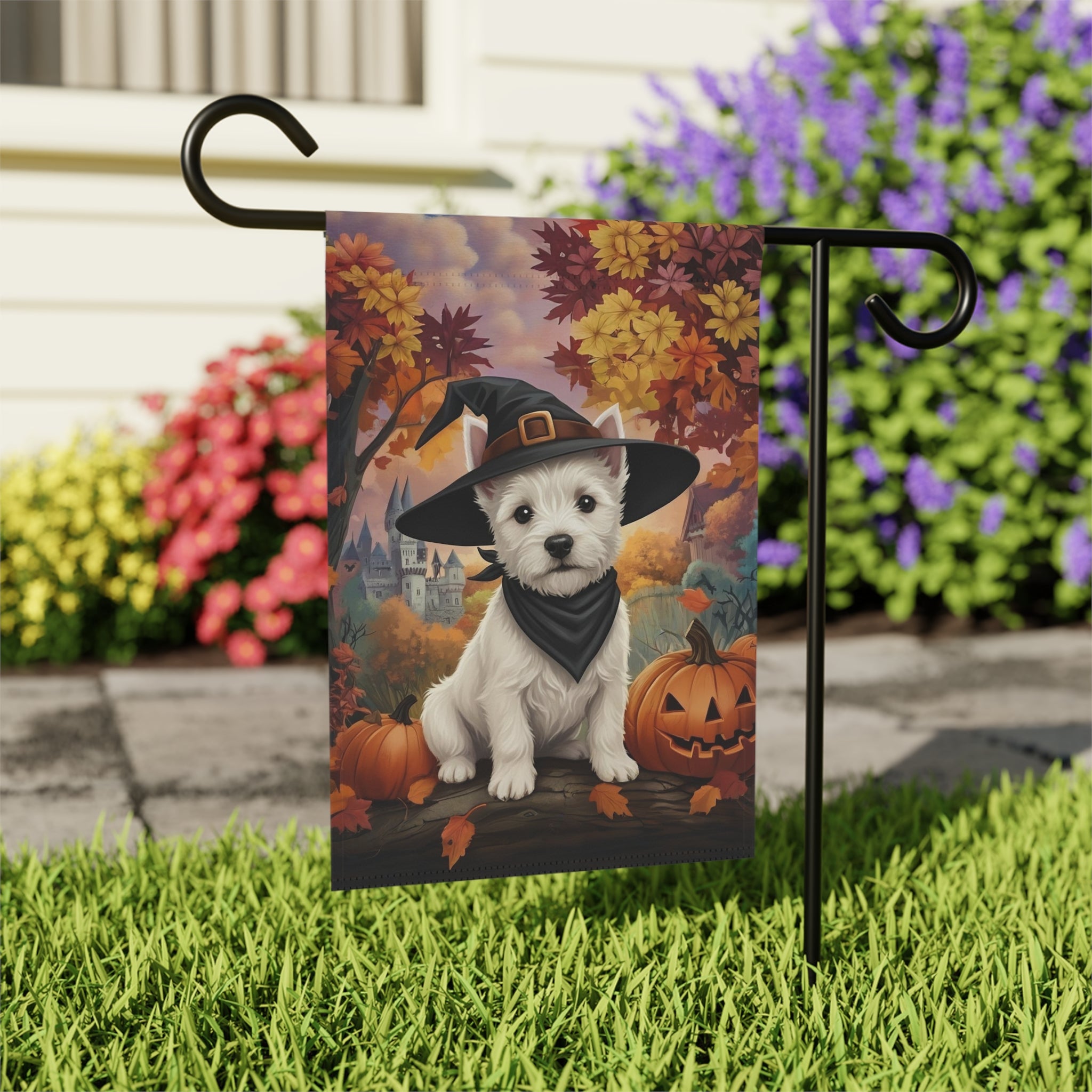 Witch Hat Westie Halloween Garden Flag - outdoor display - Dragonfire Gardens
