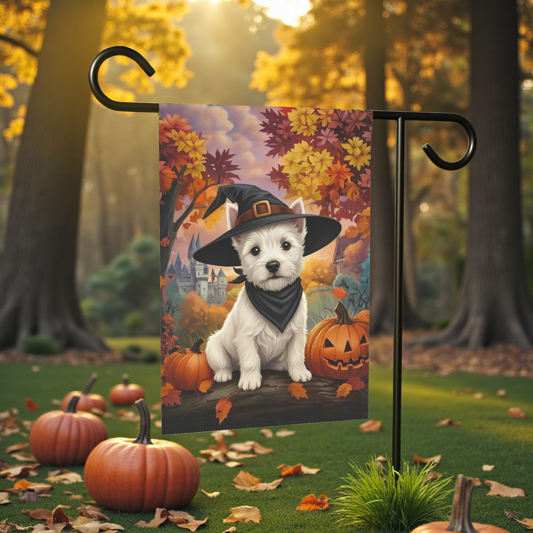 Witch Hat Westie Halloween Garden Flag - front view - Dragonfire Gardens