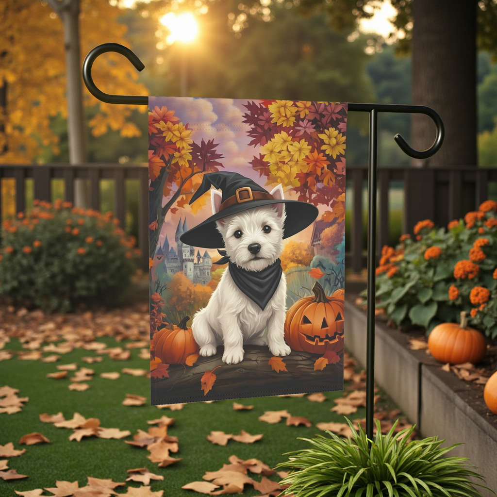 Witch Hat Westie Halloween Garden Flag - size comparison - Dragonfire Gardens