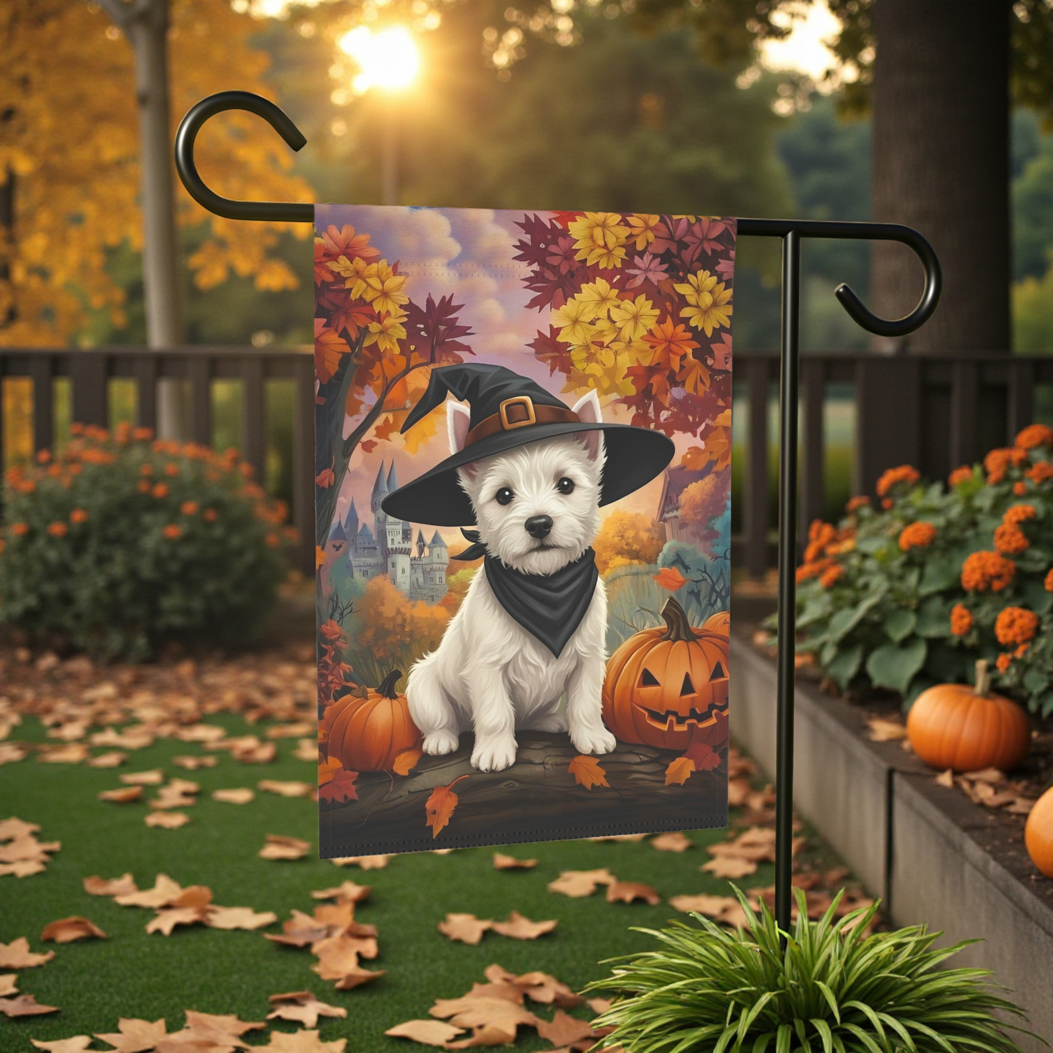 Witch Hat Westie Halloween Garden Flag - size comparison - Dragonfire Gardens