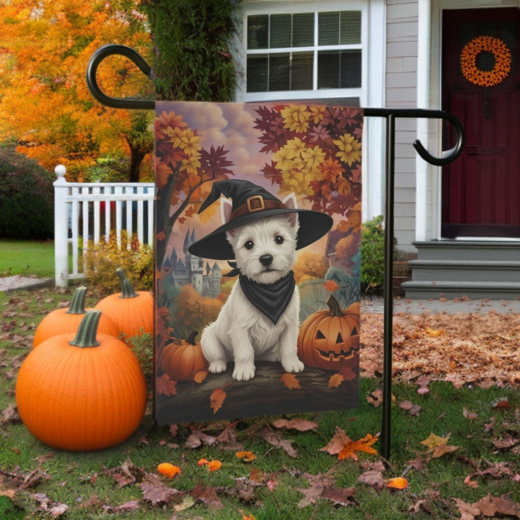 Witch Hat Westie Halloween Garden Flag - lifestyle display - Dragonfire Gardens