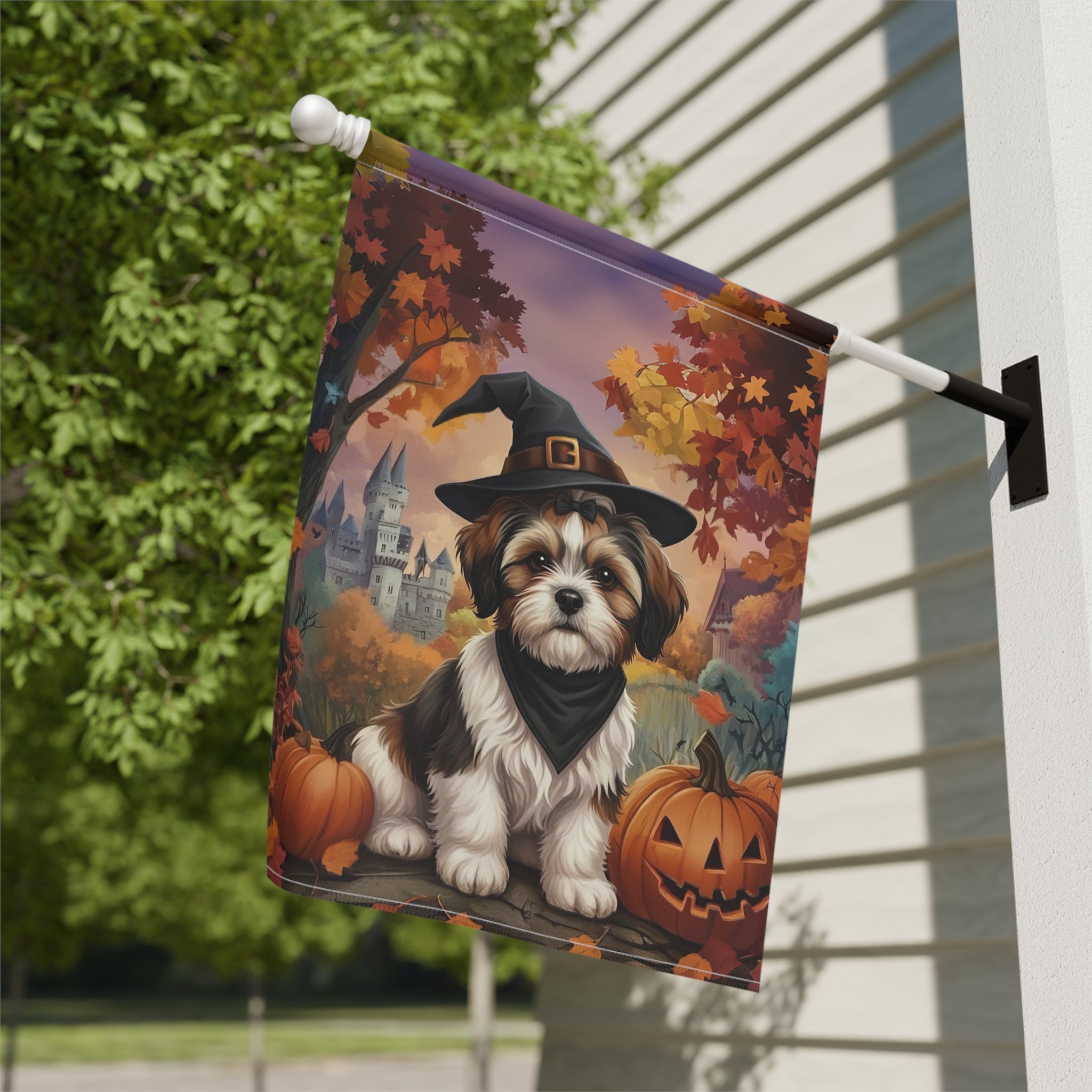 Halloween Shih Tzu Garden Flag - close-up detail - Dragonfire Gardens
