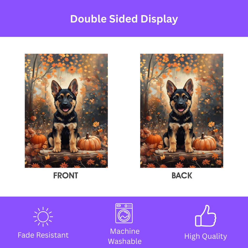 Fall German Shepherd Puppy and Pumpkin Garden Flag - double-sided design - Dragonfire Gardens