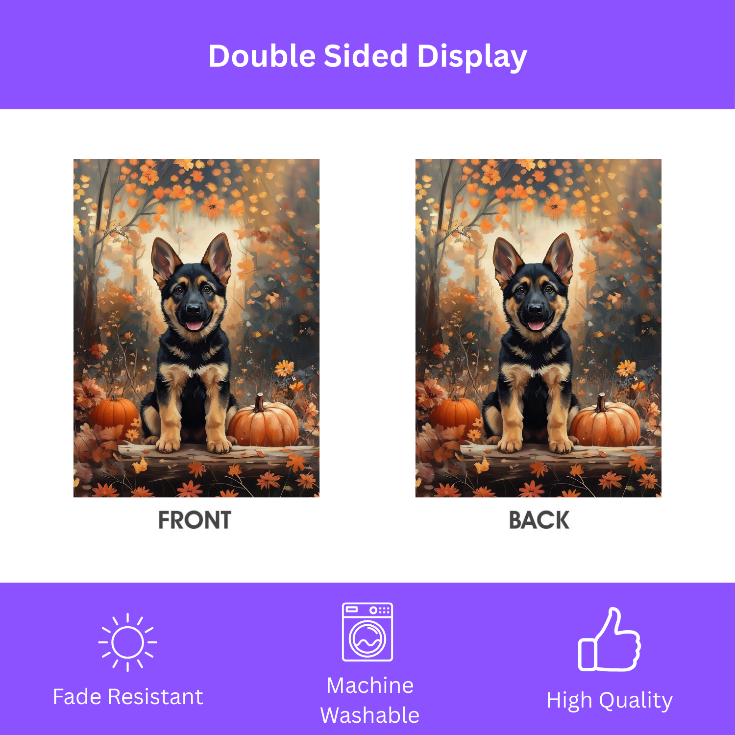 Fall German Shepherd Puppy and Pumpkin Garden Flag - double-sided design - Dragonfire Gardens