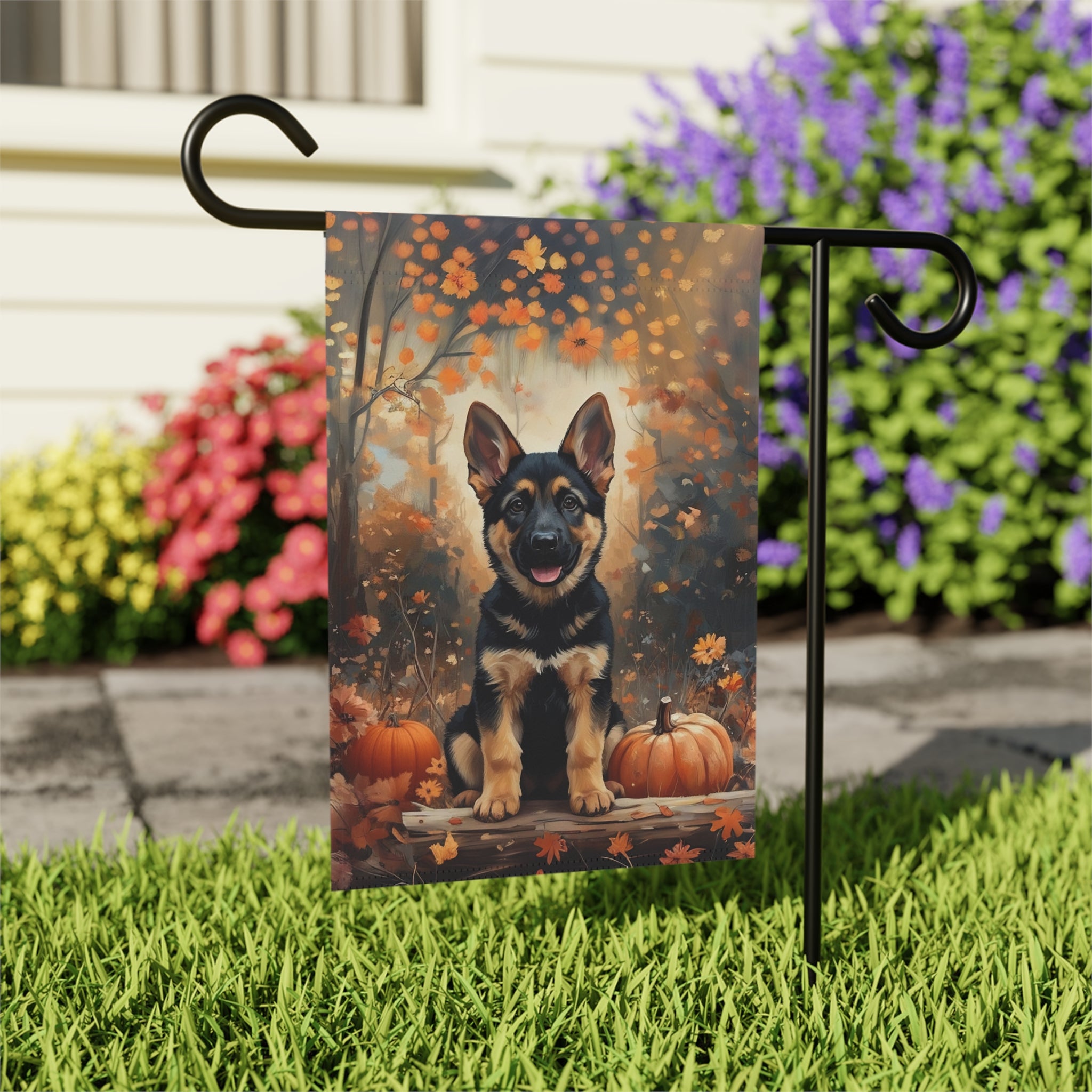 Fall German Shepherd Puppy and Pumpkin Garden Flag - outdoor display - Dragonfire Gardens