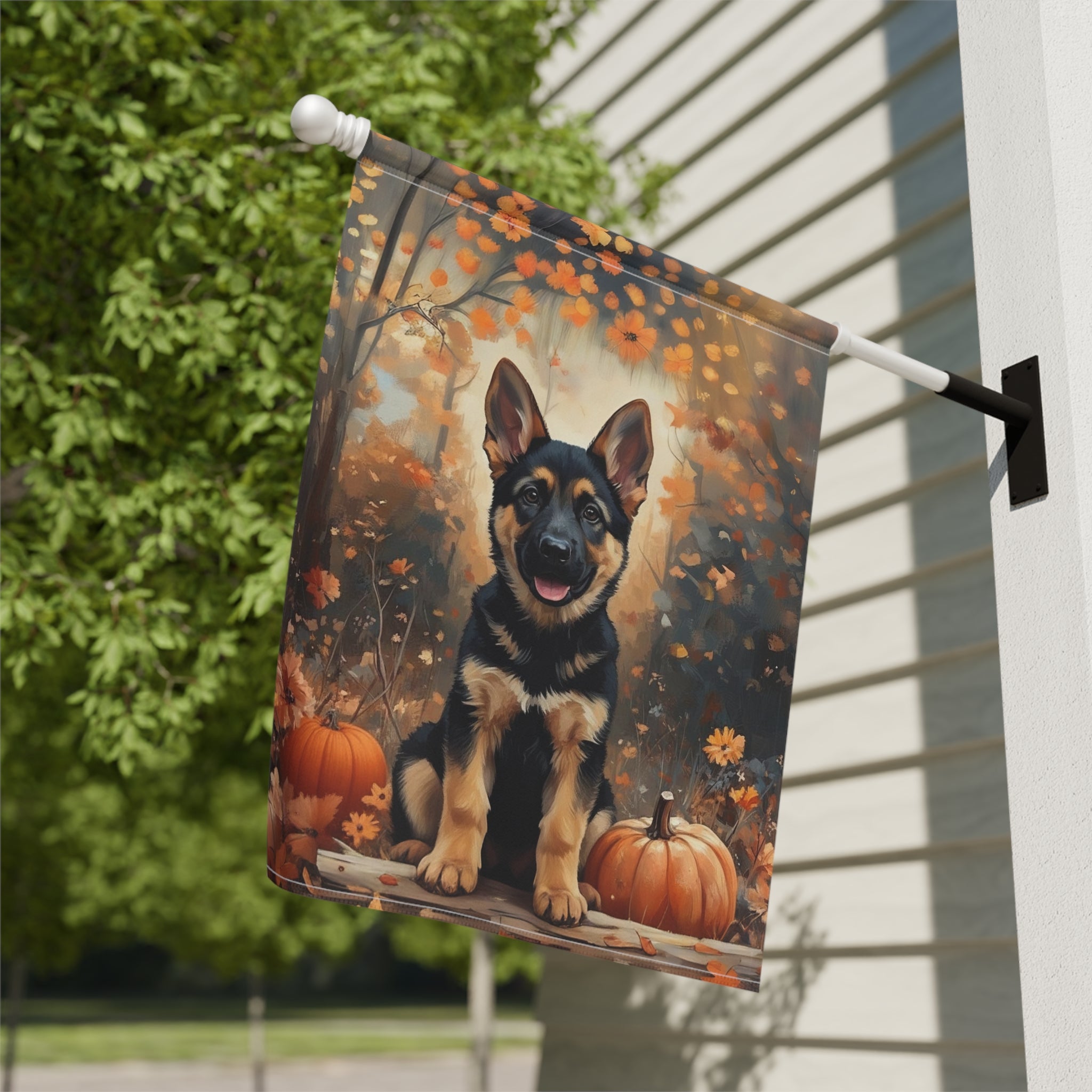 Fall German Shepherd Puppy and Pumpkin Garden Flag - close-up detail - Dragonfire Gardens