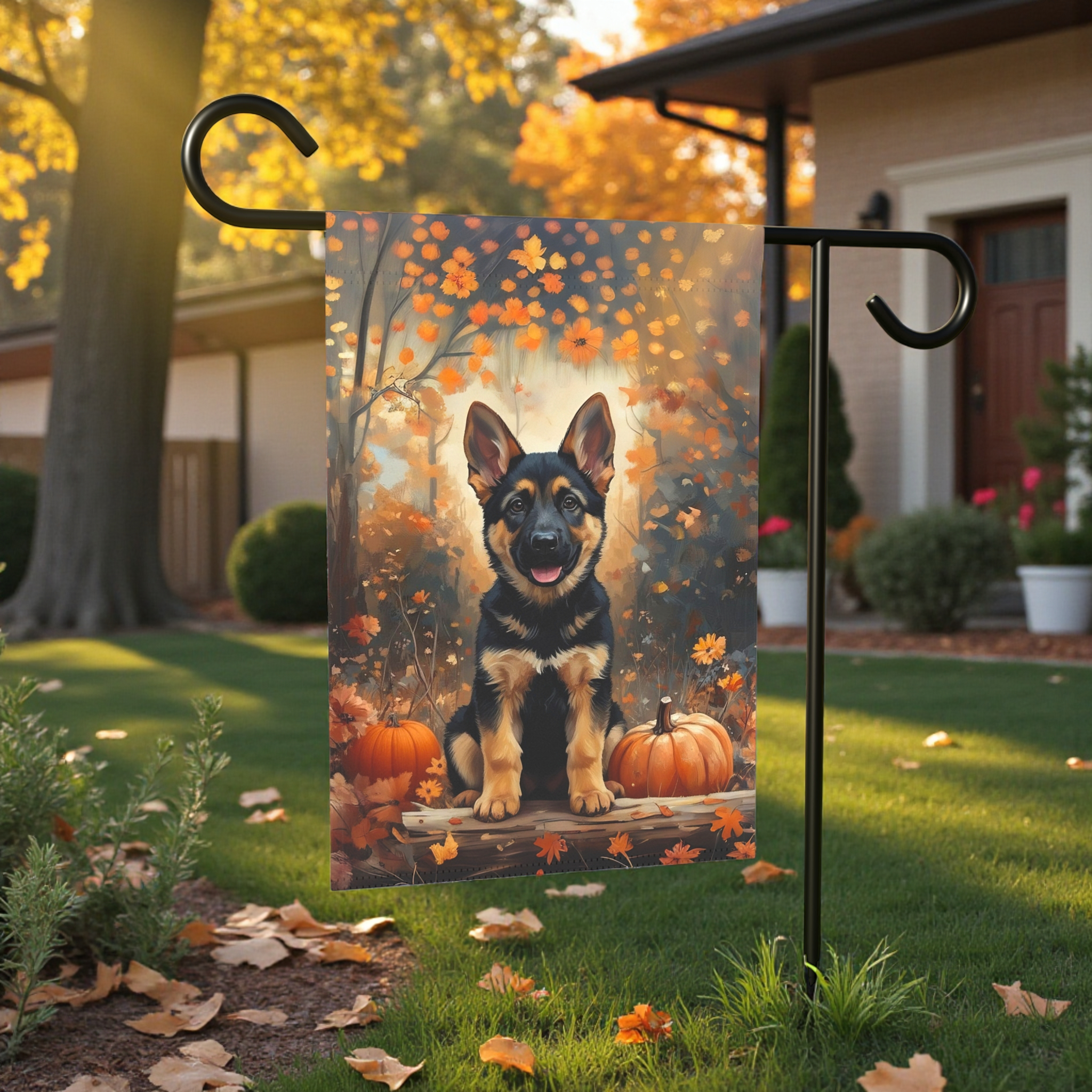 Fall German Shepherd Puppy and Pumpkin Garden Flag - size comparison - Dragonfire Gardens