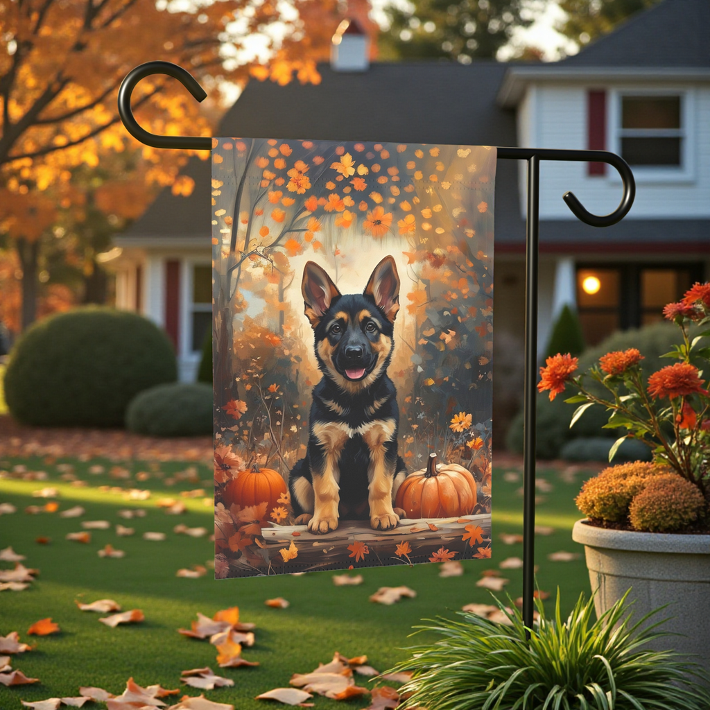 Fall German Shepherd Puppy and Pumpkin Garden Flag - front view - Dragonfire Gardens