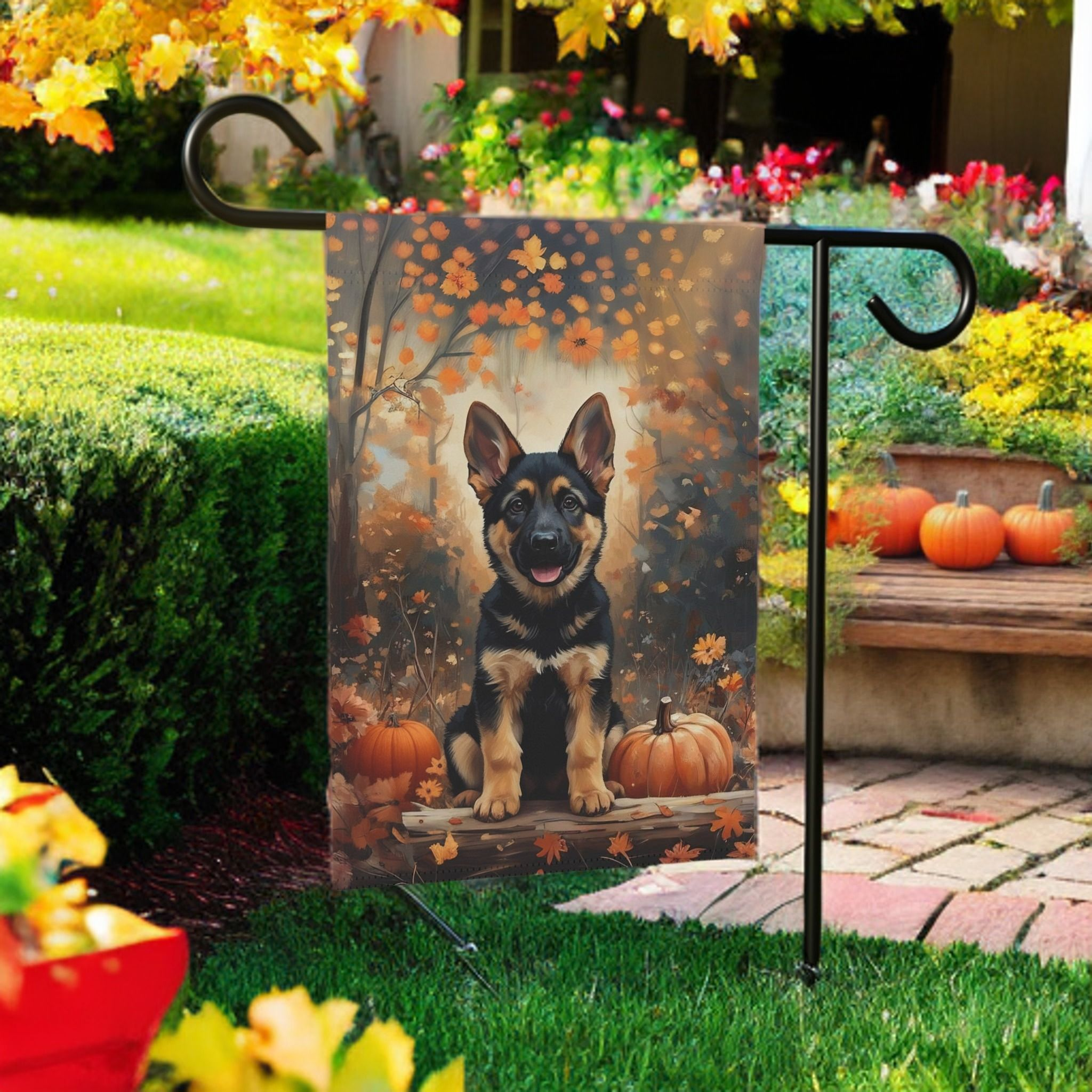 Fall German Shepherd Puppy and Pumpkin Garden Flag - lifestyle display - Dragonfire Gardens