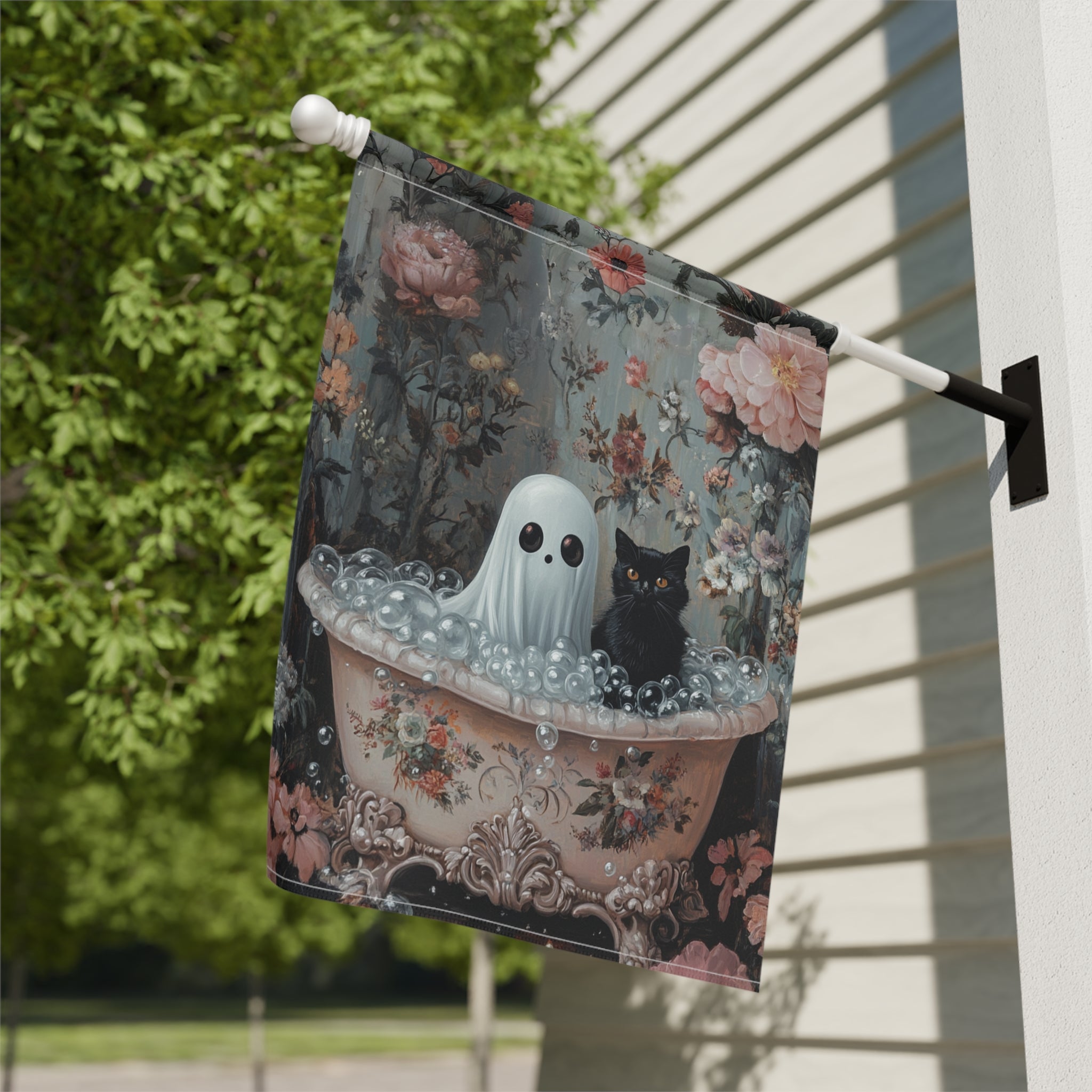 Ghost and Black Cat Bubble Bath Garden Flag