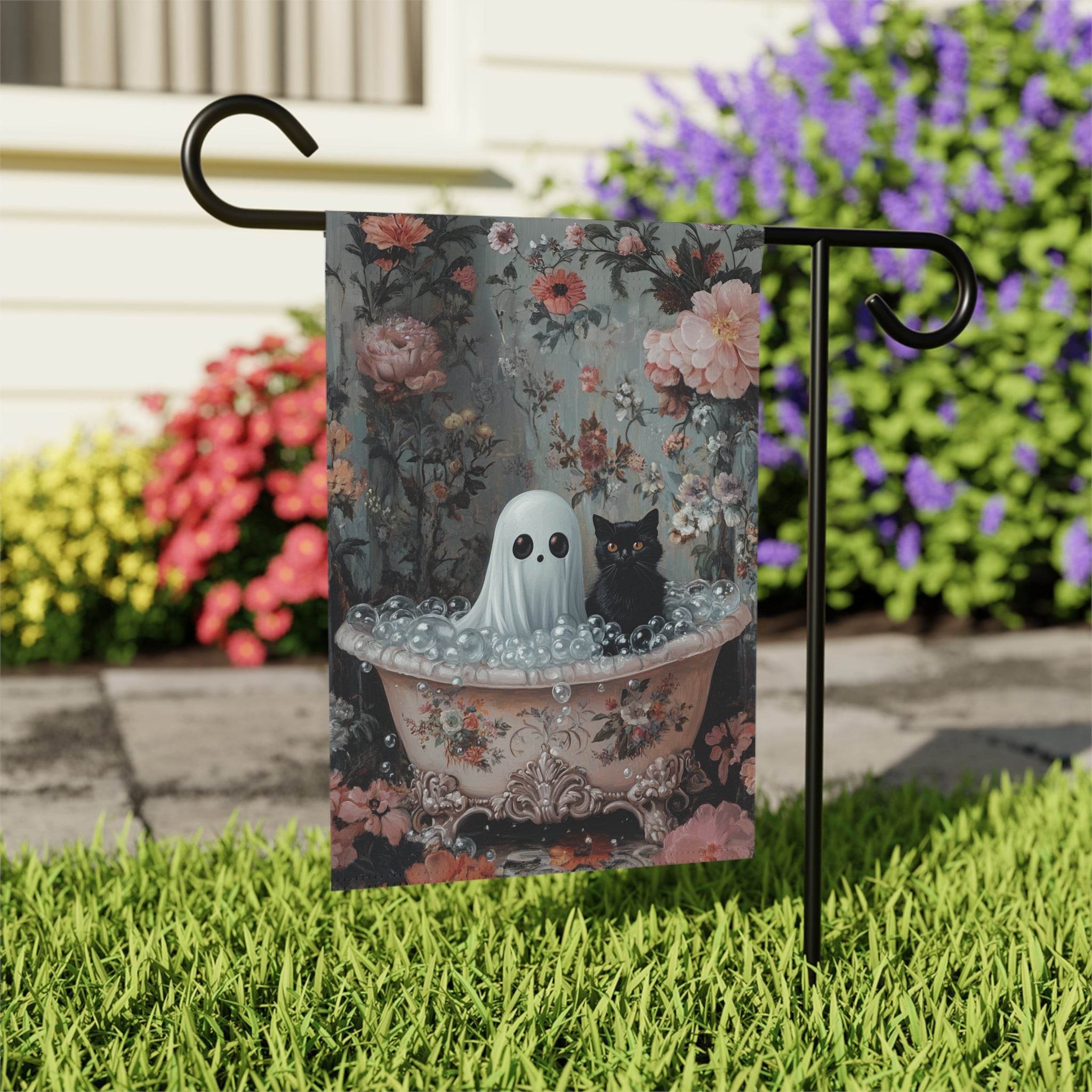 Ghost and Black Cat Bubble Bath Garden Flag