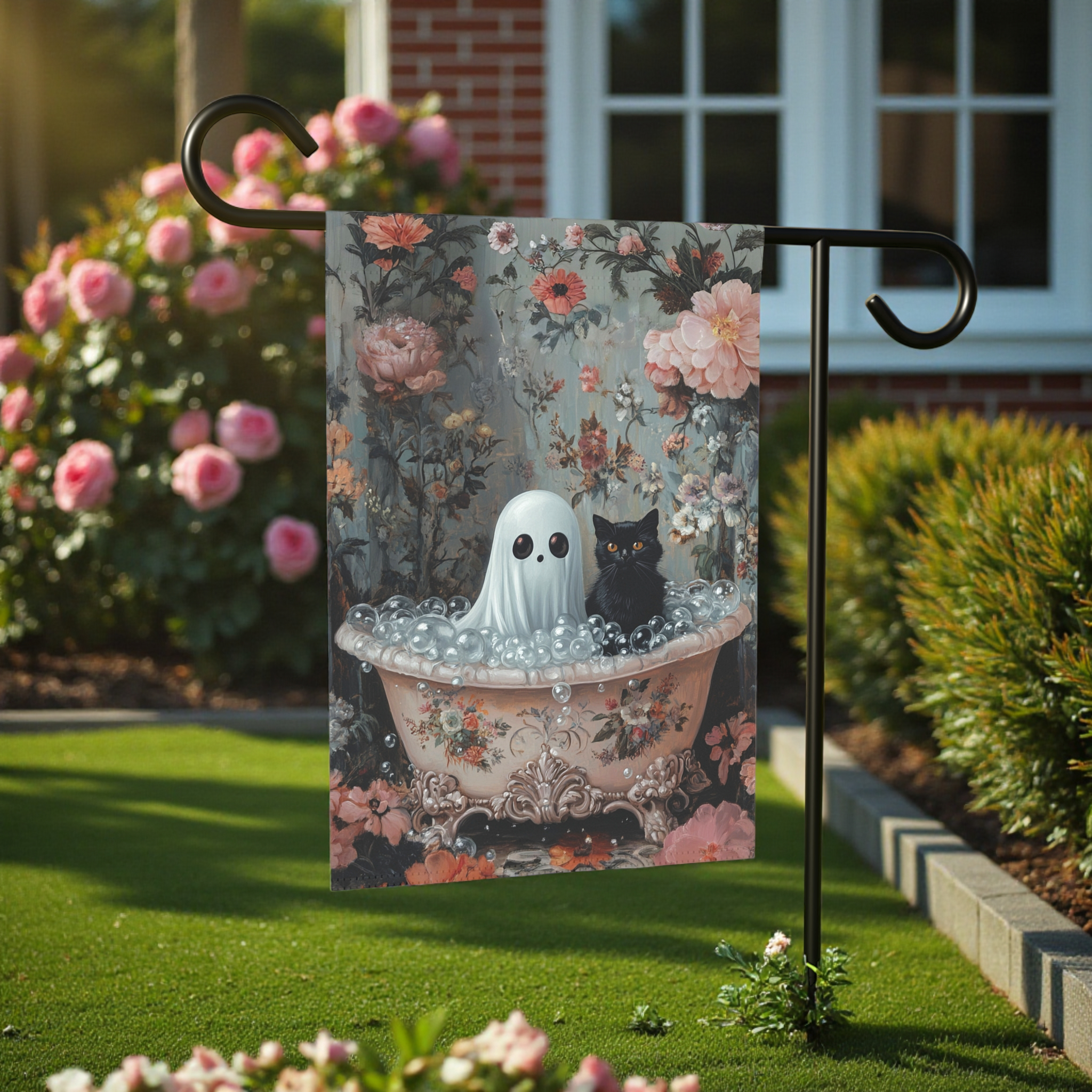 Ghost and Black Cat Bubble Bath Garden Flag