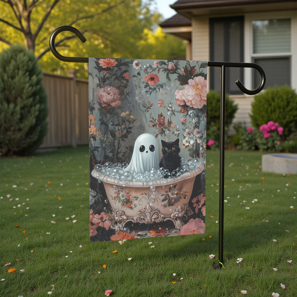 Ghost and Black Cat Bubble Bath Garden Flag - size comparison - Dragonfire Gardens
