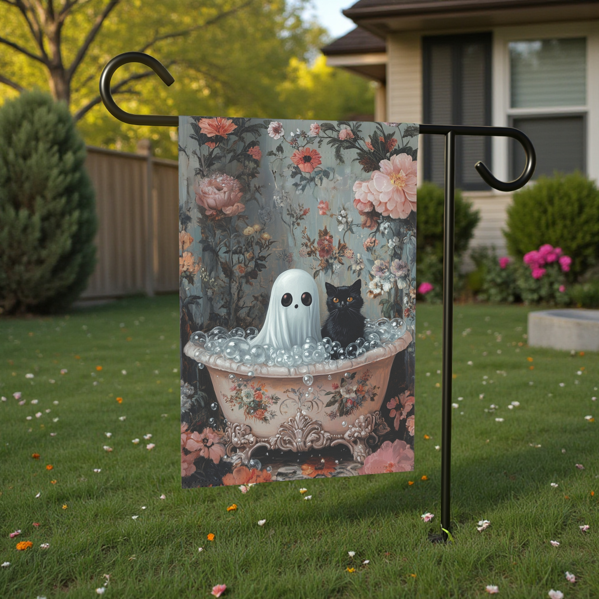 Ghost and Black Cat Bubble Bath Garden Flag