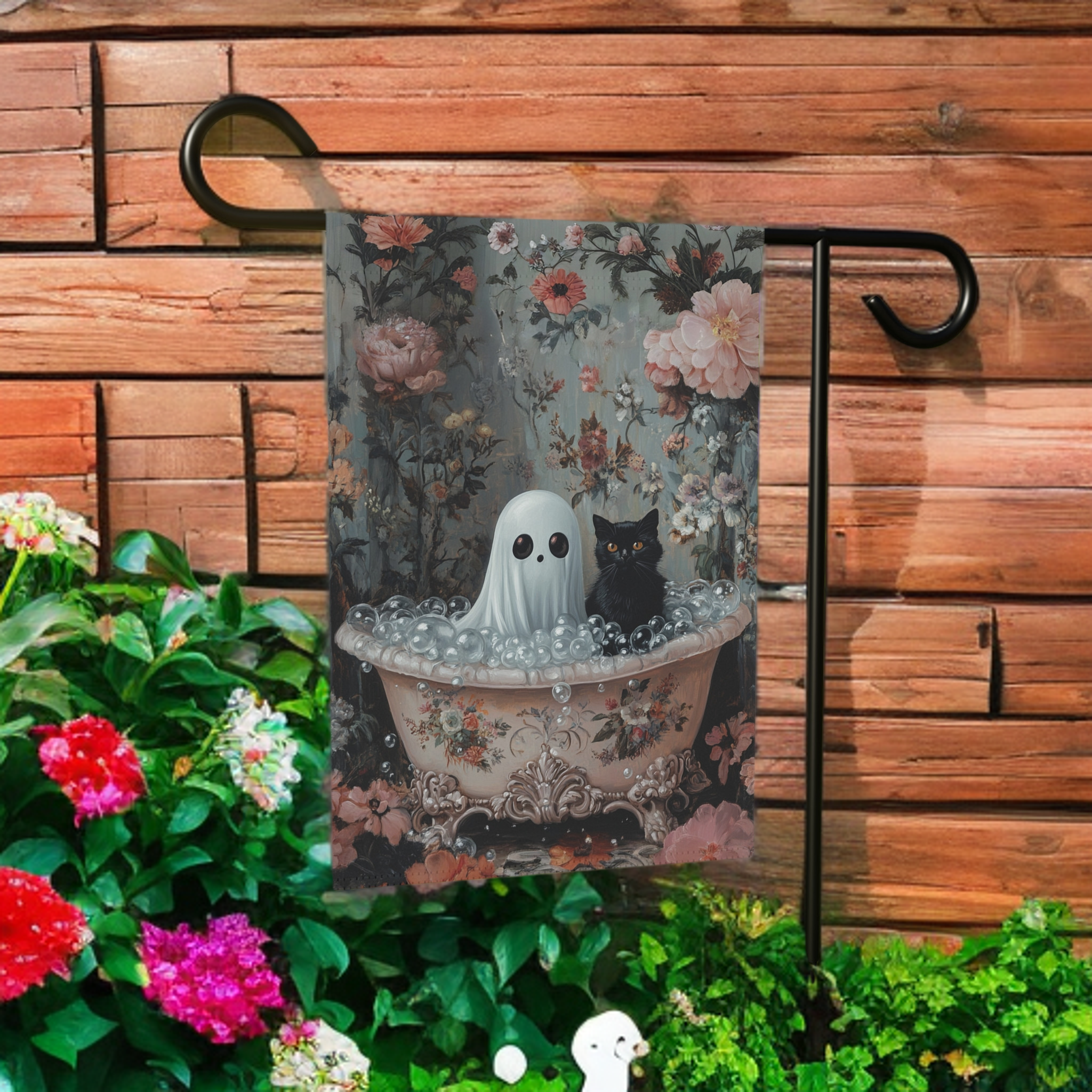 Ghost and Black Cat Bubble Bath Garden Flag - lifestyle display - Dragonfire Gardens