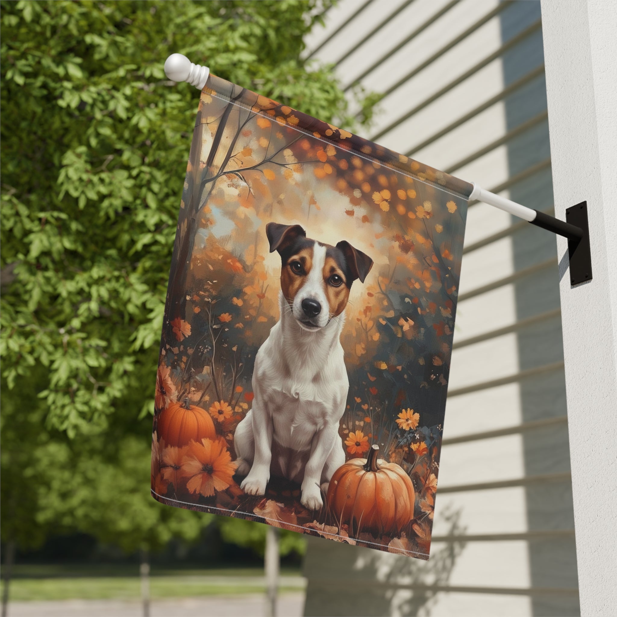Fall Jack Russell Terrier and Pumpkin Garden Flag - close-up detail - Dragonfire Gardens