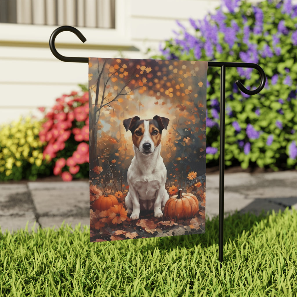 Fall Jack Russell Terrier and Pumpkin Garden Flag - outdoor display - Dragonfire Gardens