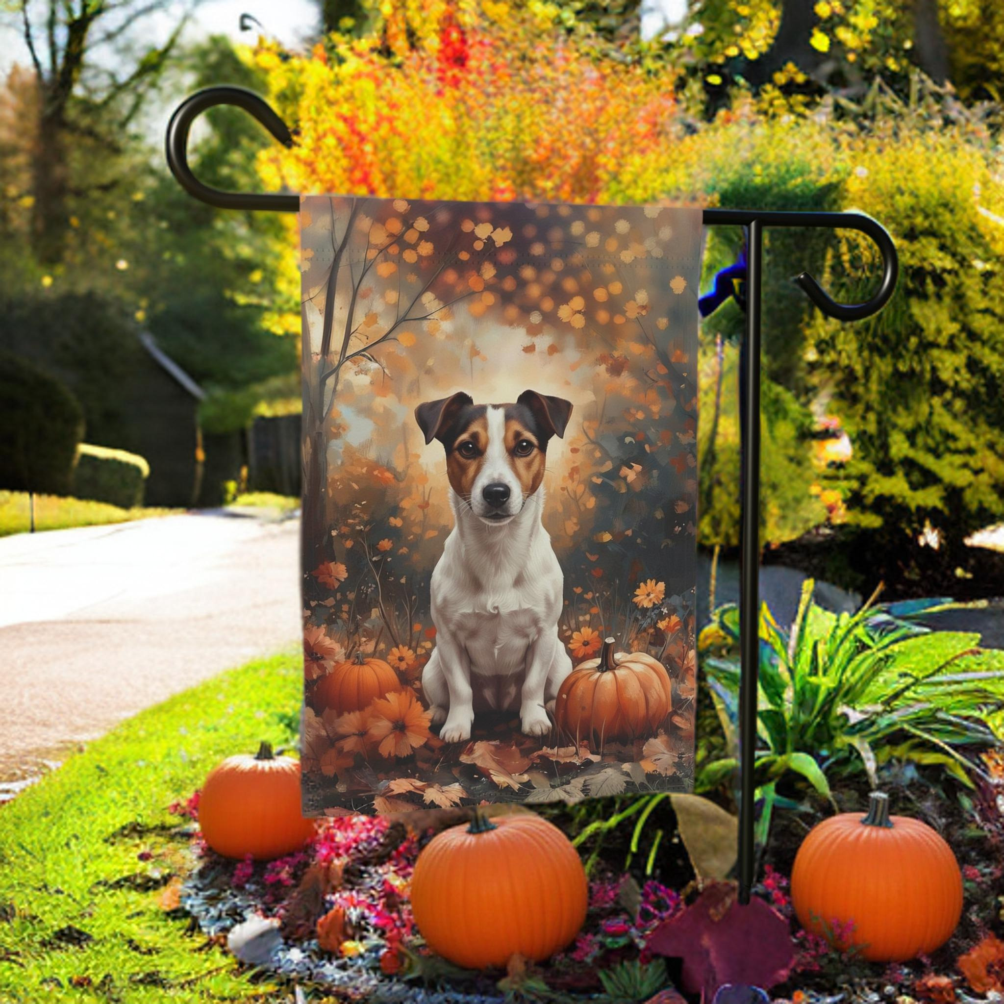 Fall Jack Russell Terrier and Pumpkin Garden Flag - size comparison - Dragonfire Gardens