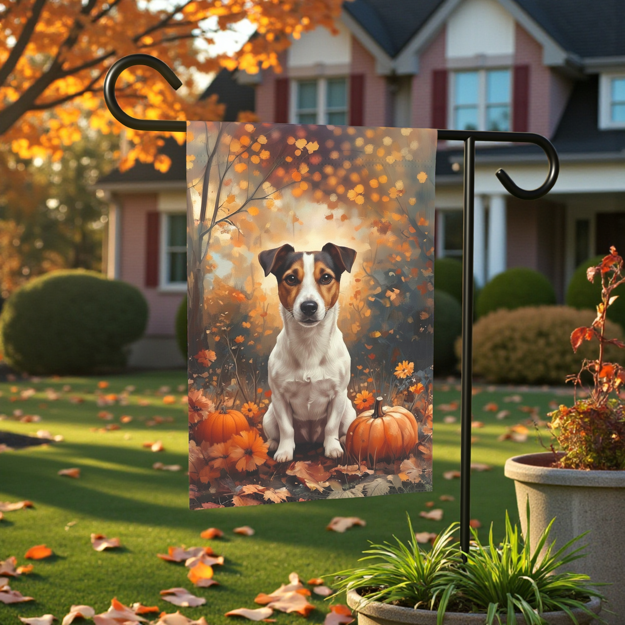 Fall Jack Russell Terrier and Pumpkin Garden Flag - lifestyle display - Dragonfire Gardens